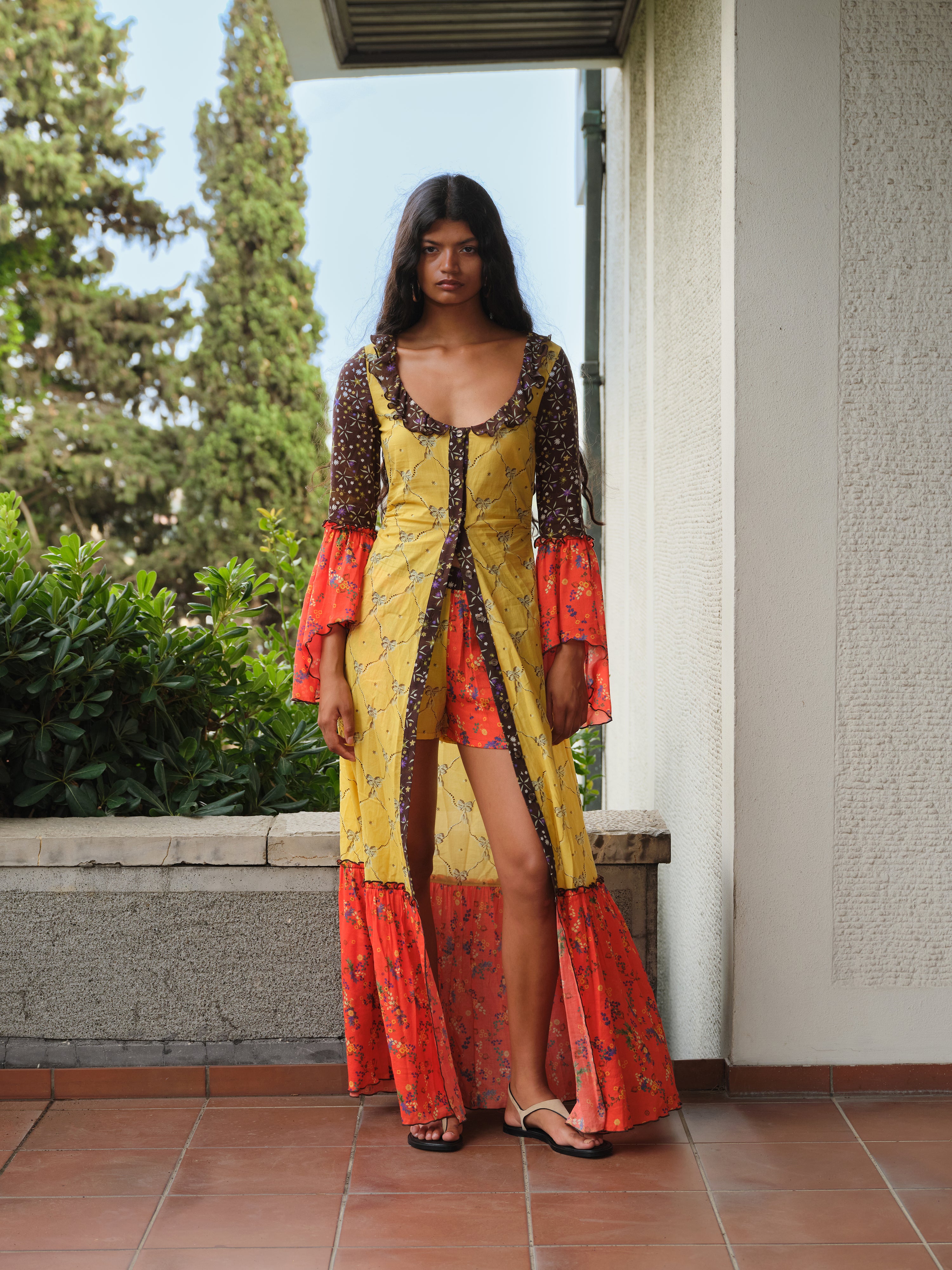 SADIE - Patchwork ruffle-trim button-down maxi dress