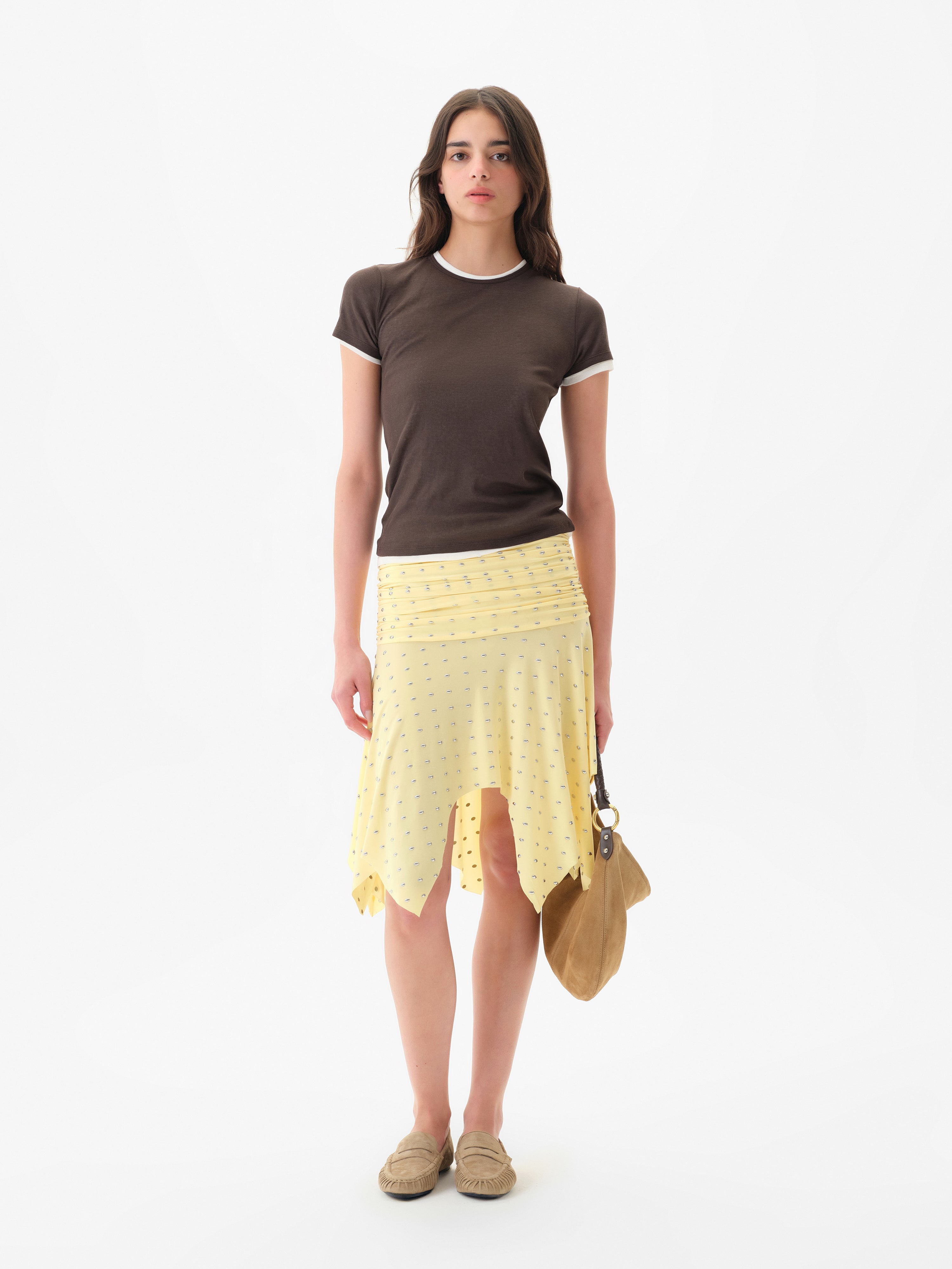 SANDOR - Asymmetric jersey midi skirt with silver stud embellishments