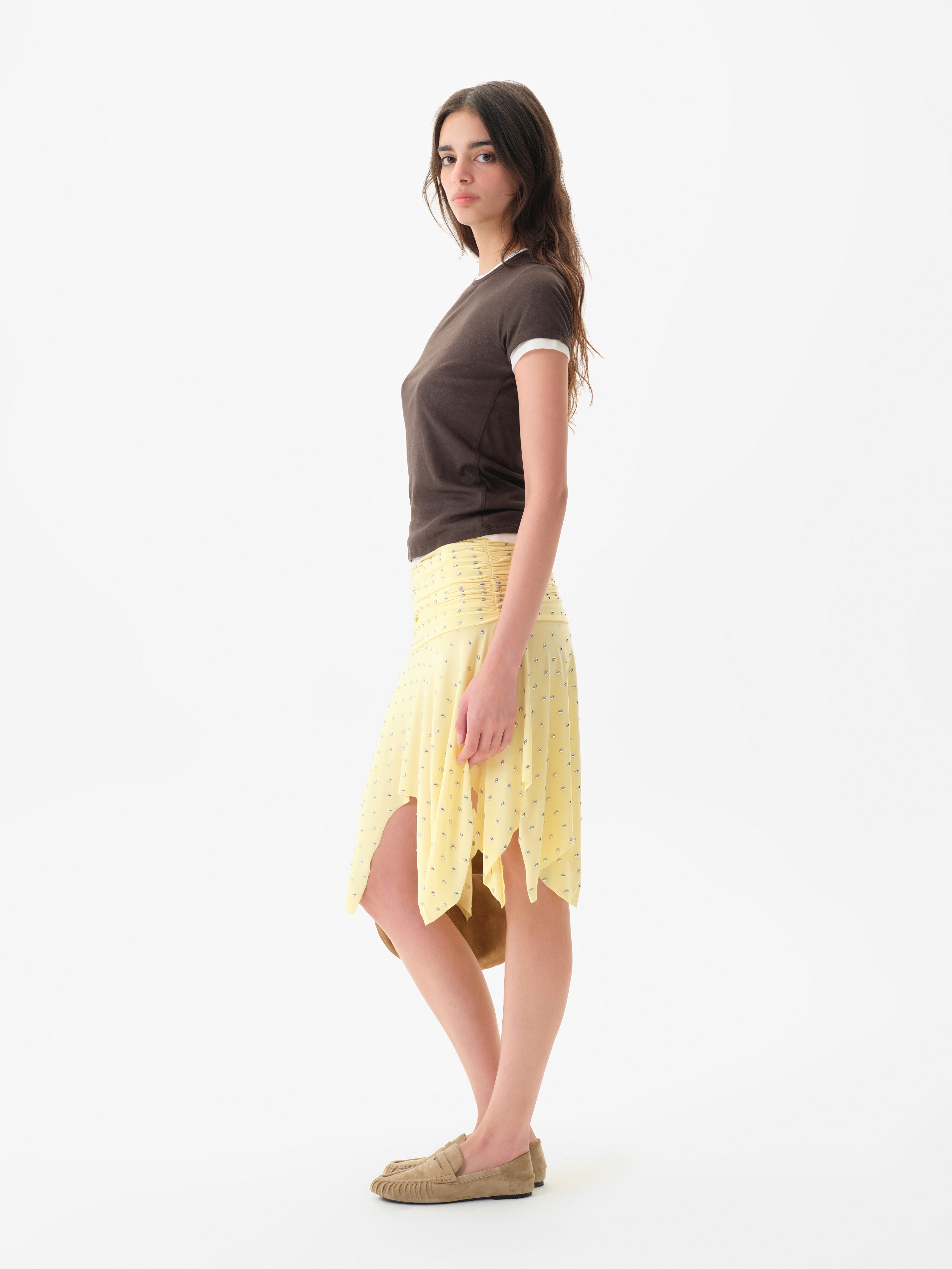 SANDOR - Asymmetric jersey midi skirt with silver stud embellishments