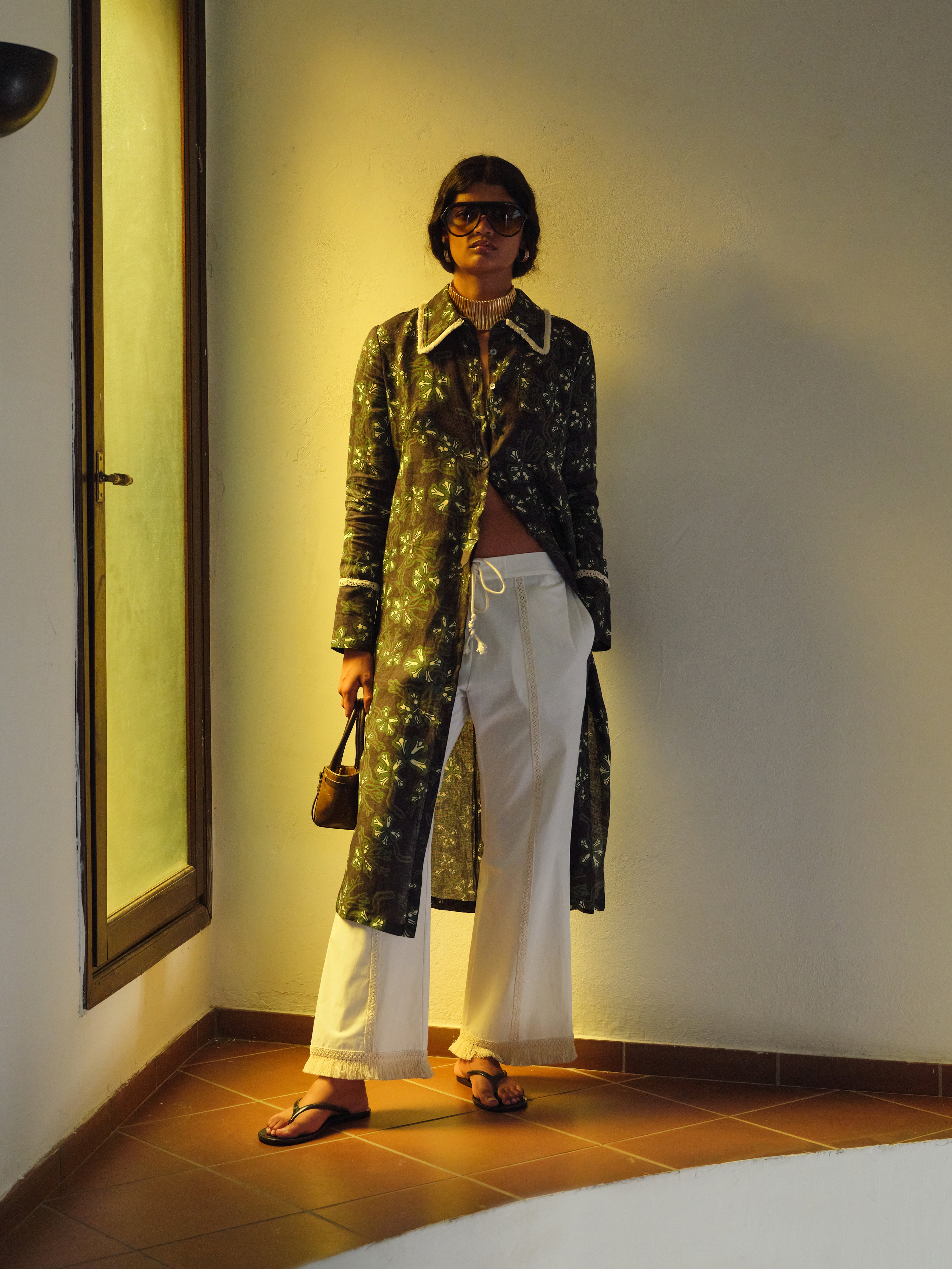 SAVINA - Lace trimmed drawstring cotton pants with fringed hems