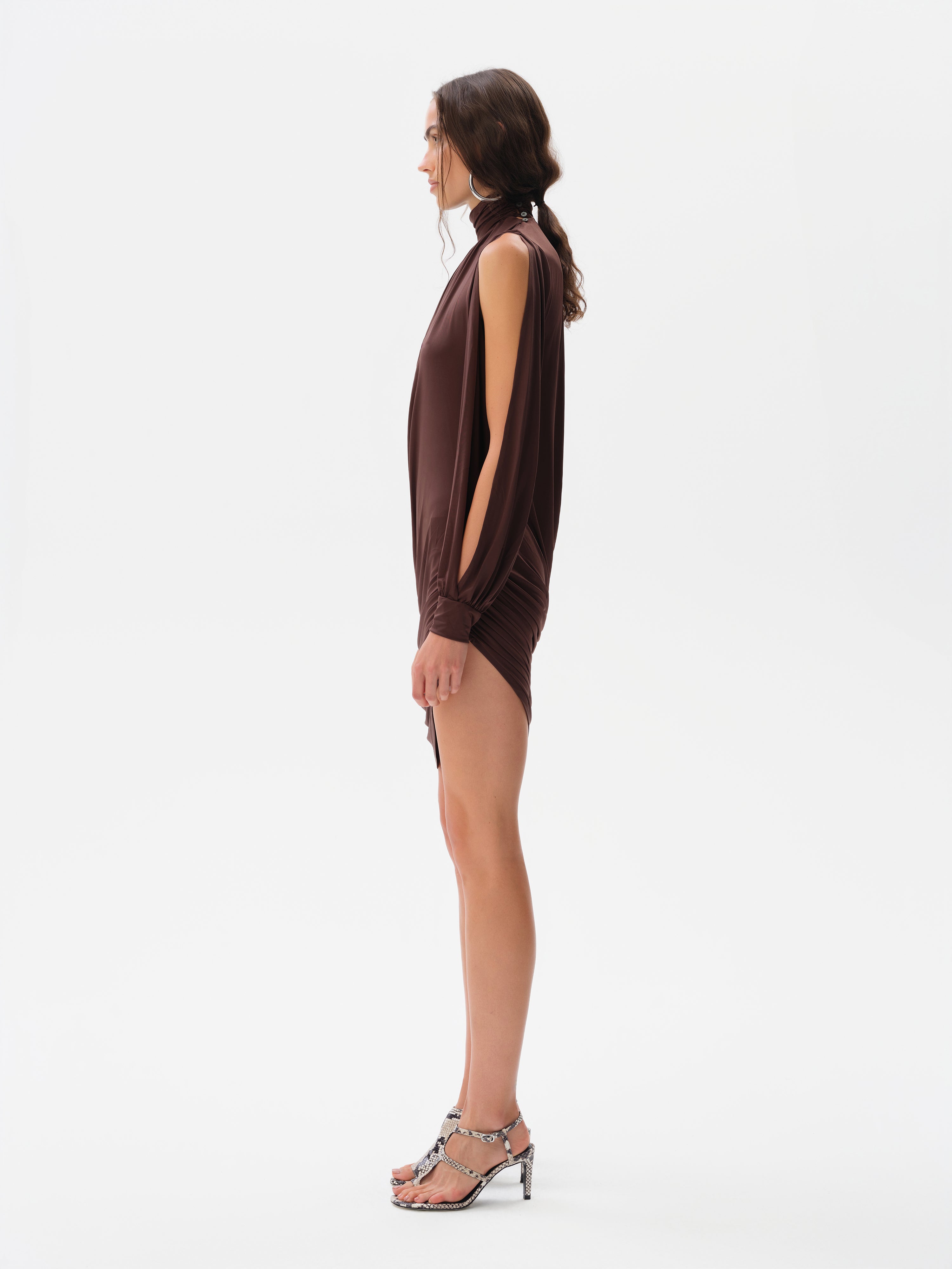 SELENE - High-neck mini jersey dress Brown / L SELENE - High-neck mini jersey dress Brown / L