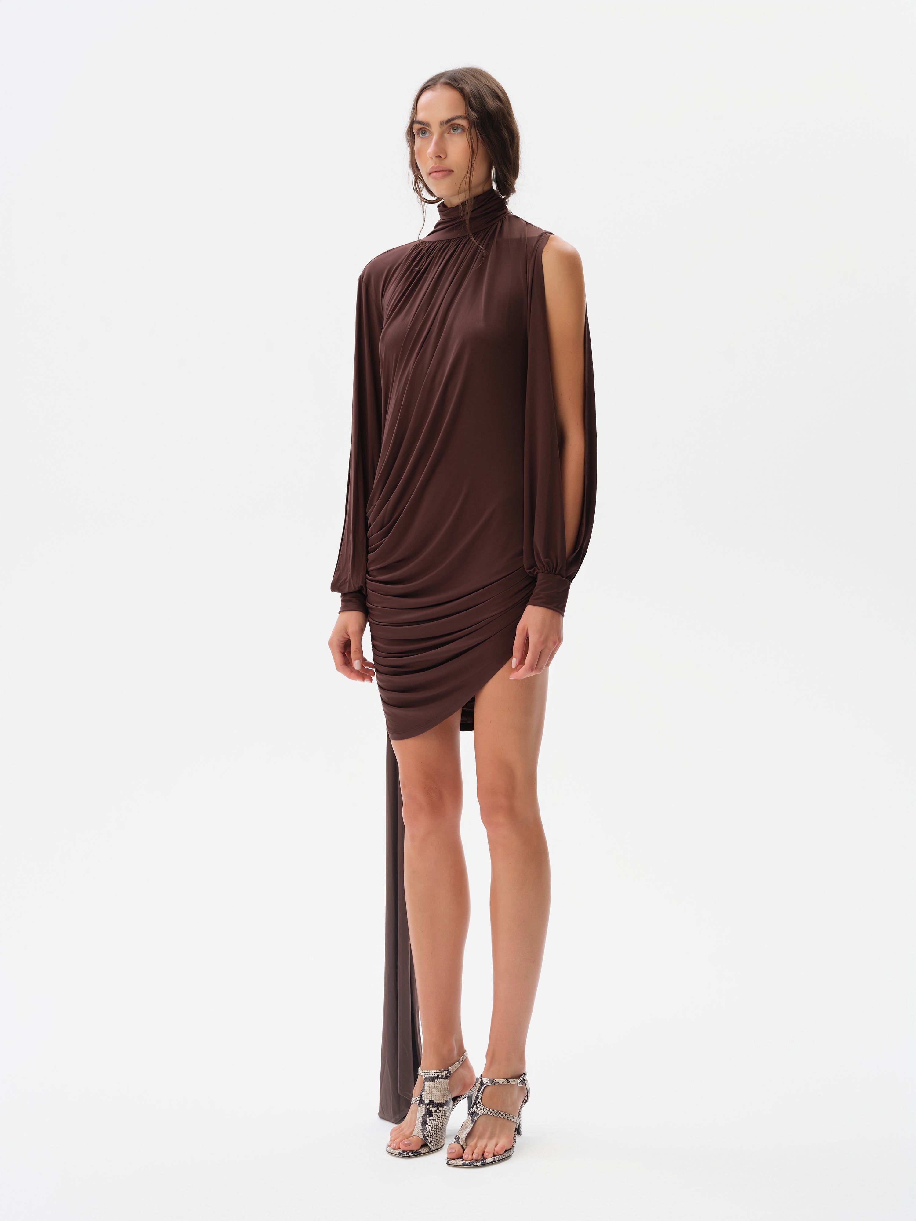 SELENE - High-neck mini jersey dress Brown / L SELENE - High-neck mini jersey dress Brown / L