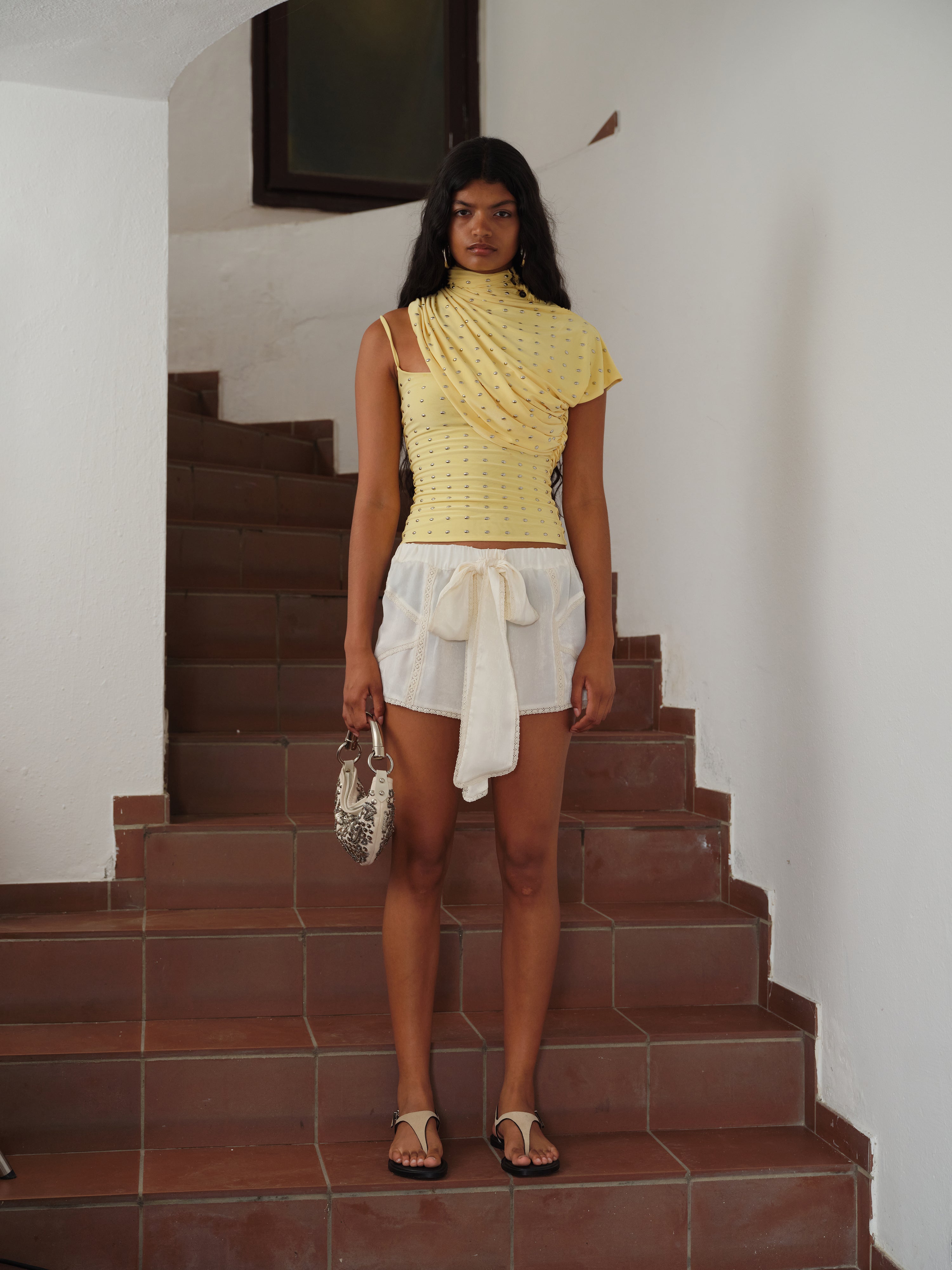 SHOL - Embroidered silk front tie mini shorts