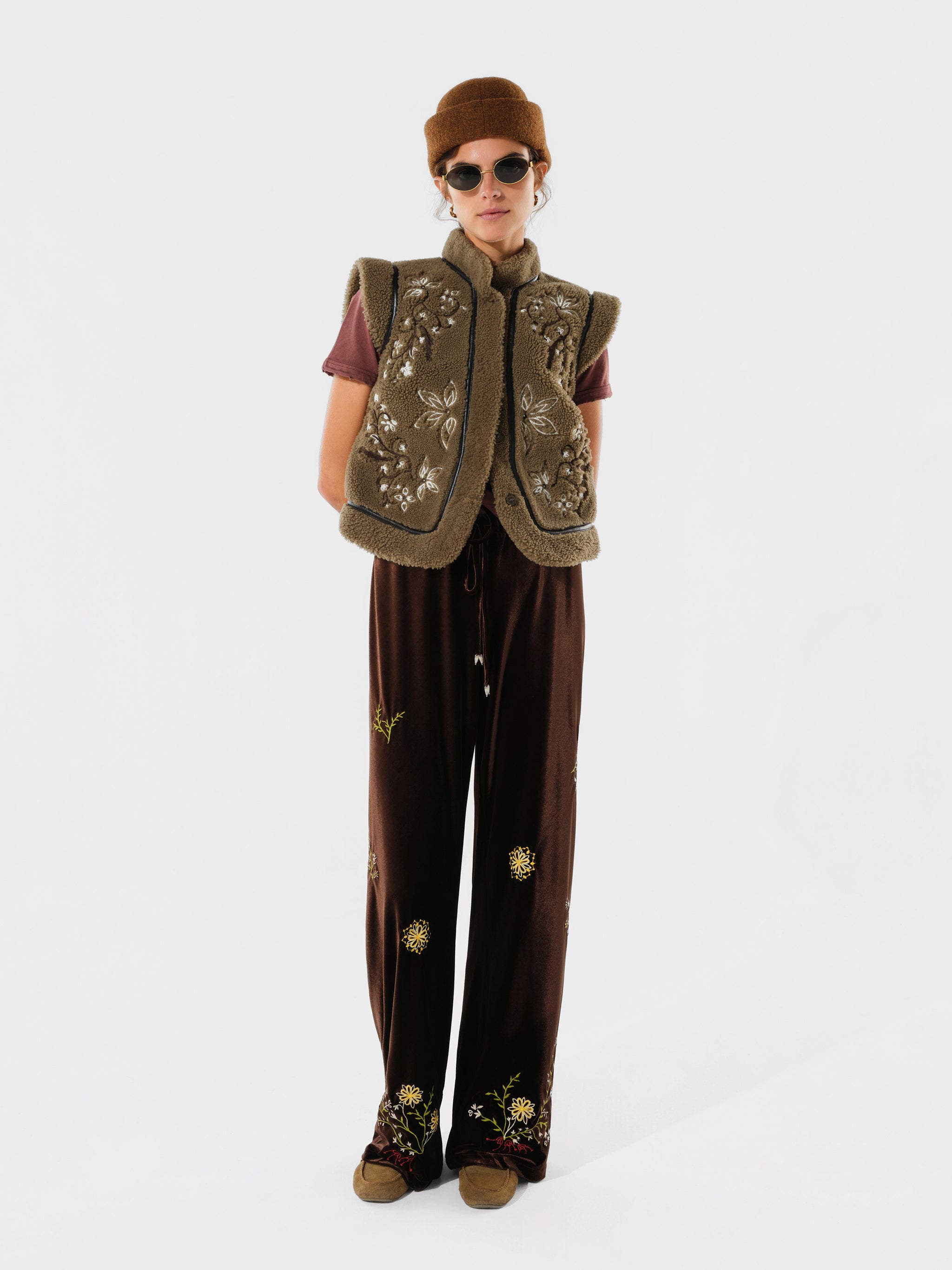 VALENTINA - Embroidered shearling vest with leather trim
