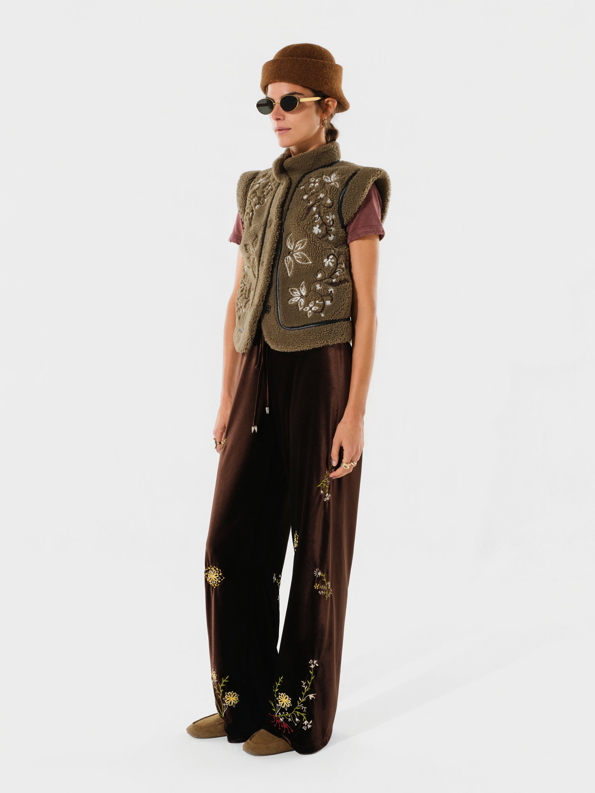 VALENTINA - Embroidered shearling vest with leather trim