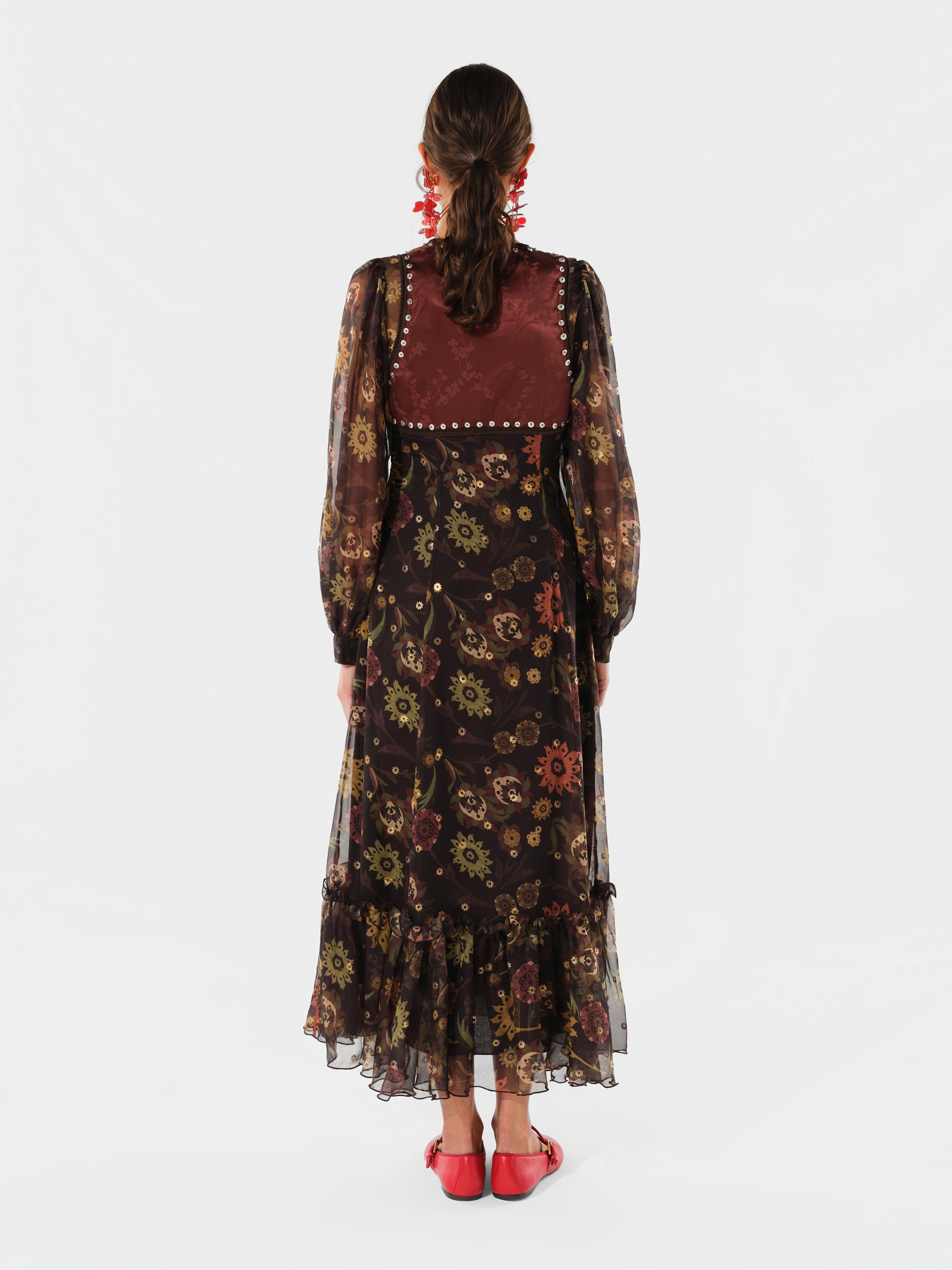 SERICA - Maxi dress with gold detailing and ruffled hem