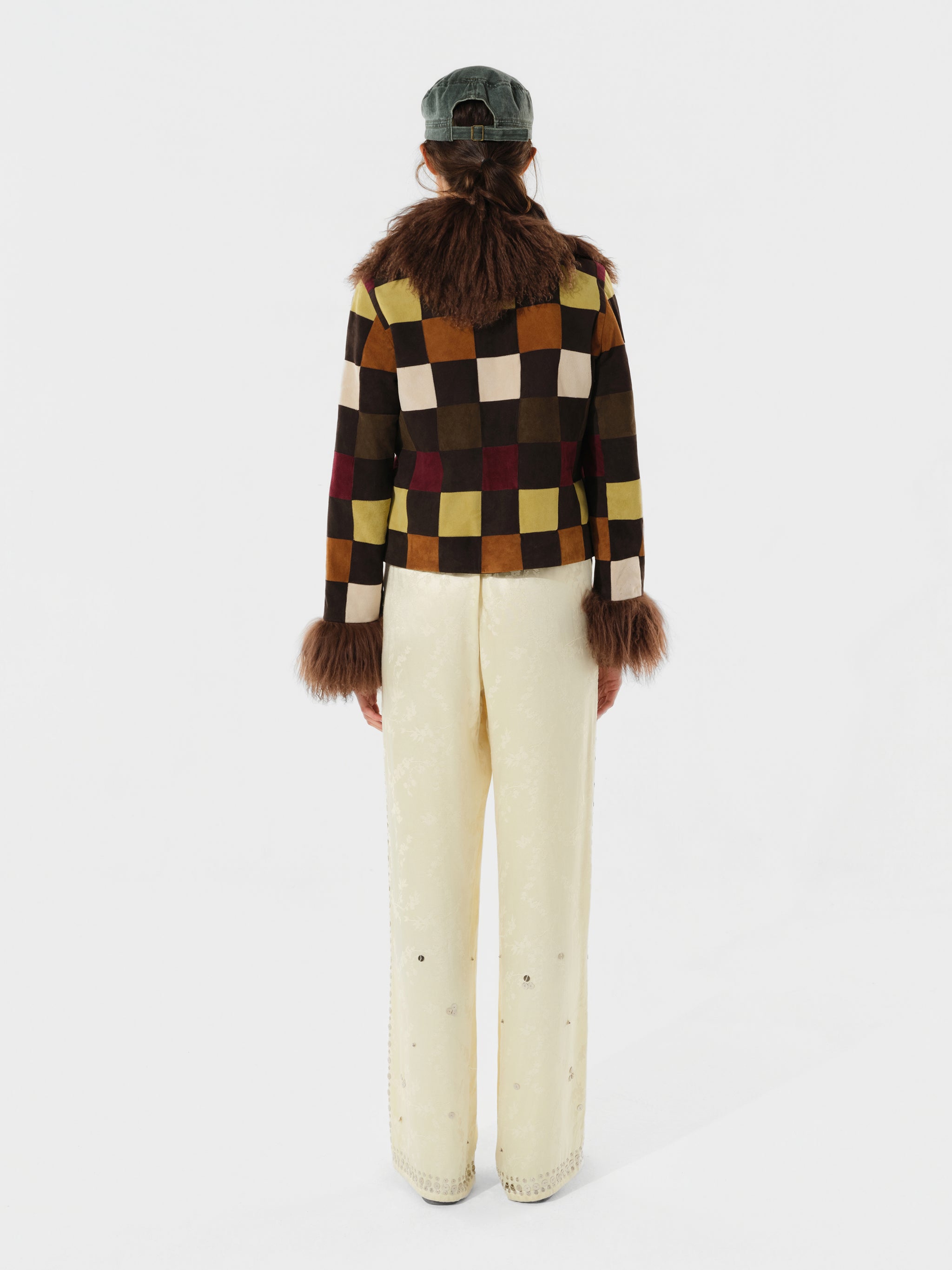 RONCH - Checkered fur-trim cropped jacket