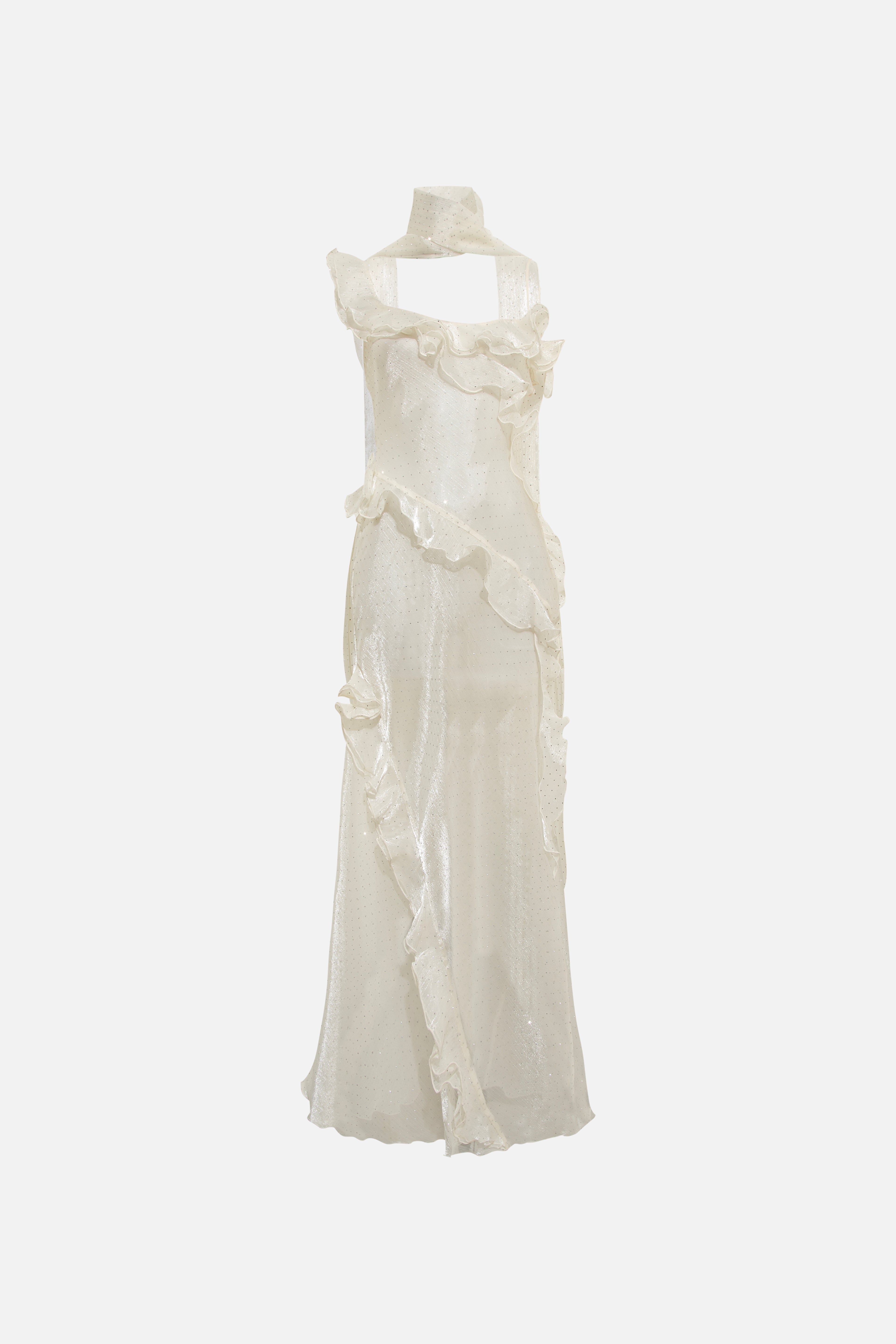 MONICA - Ruffled chiffon glitter maxi dress