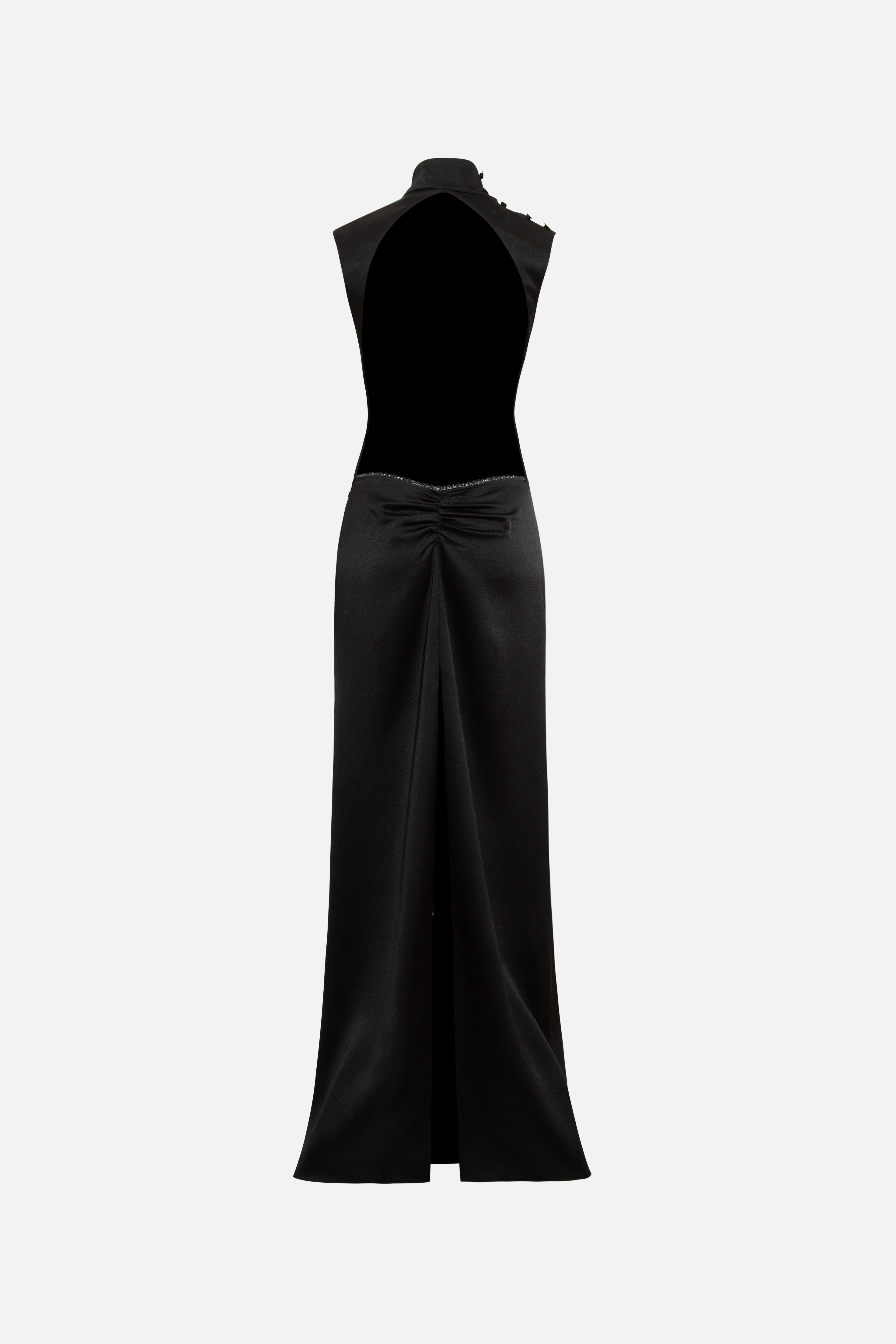 Margot - Open-Back Silver-Trimmed Satin Maxi Dress Black / 42 Margot - Open-Back Silver-Trimmed Satin Maxi Dress Black / 42