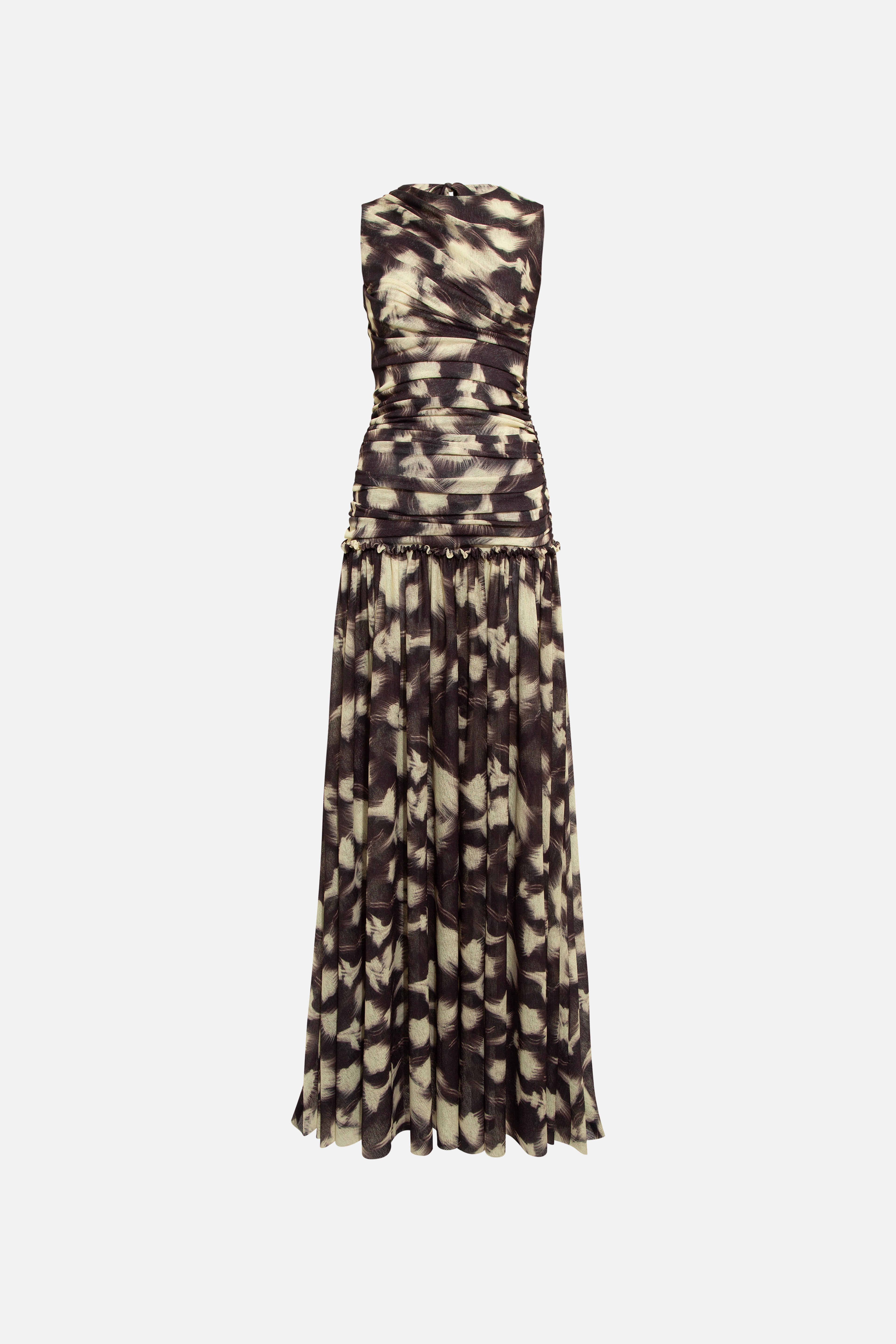 ALINA - Open-back ruched printed mesh maxi dress