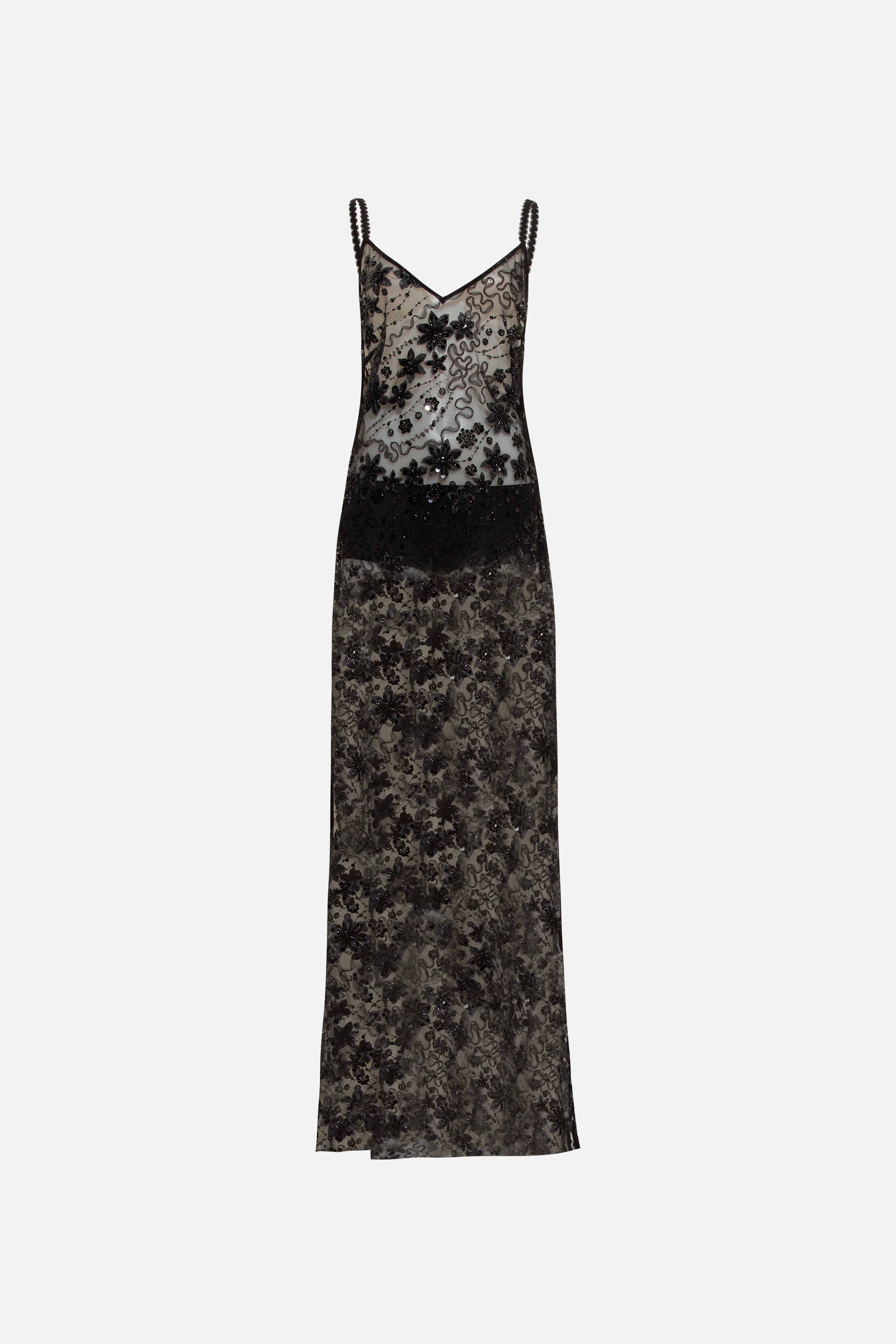 LUCILLE - Embroidered open back maxi dress with mini shorts