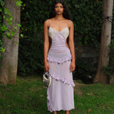 SIGNE - Crochet bust detailed embellished sheer mesh dress