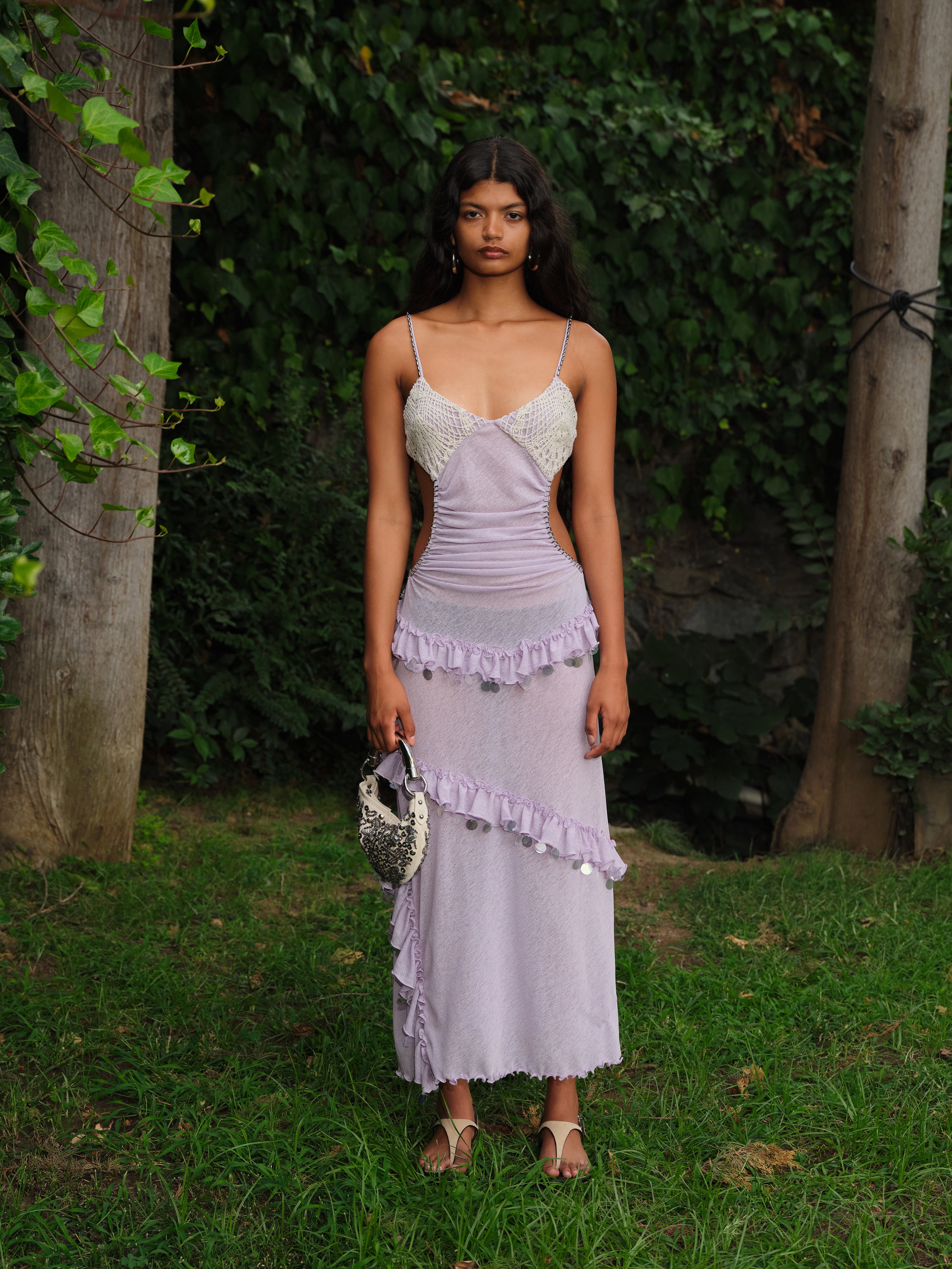 SIGNE - Crochet bust detailed embellished sheer mesh dress