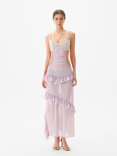 SIGNE - Crochet bust detailed embellished sheer mesh dress by
