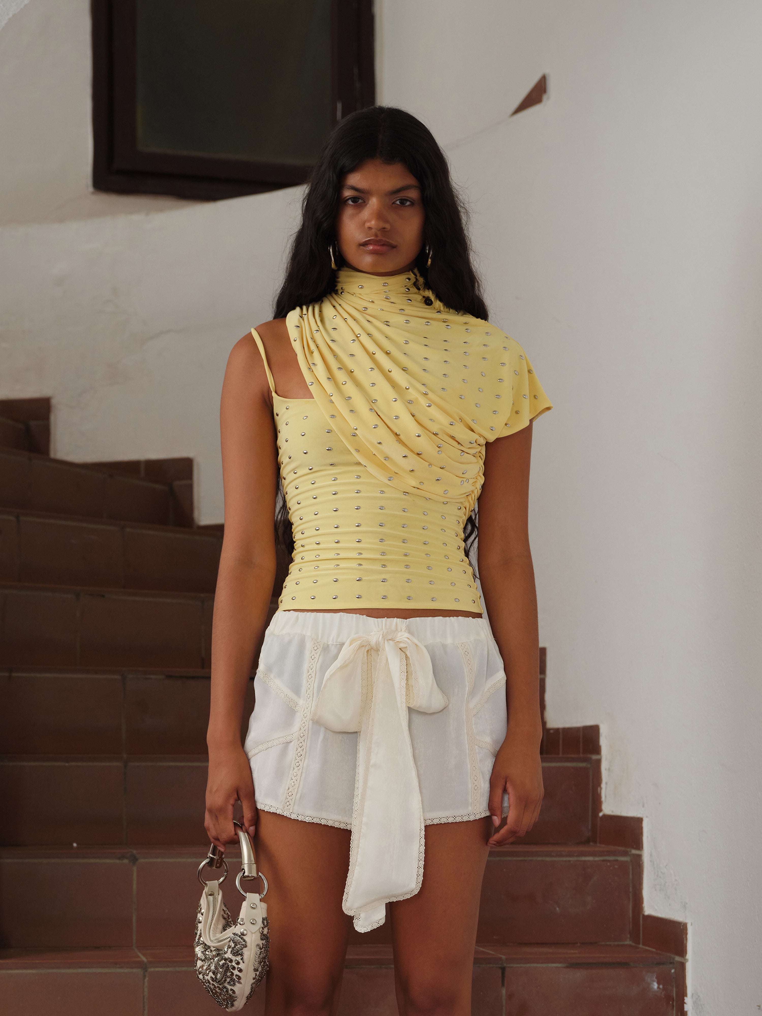 SILVY - Asymmetric studded jersey top