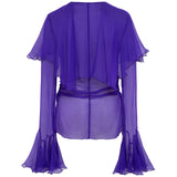 STELLA - Sheer silk long-sleeve blouse with  deep V-neck design