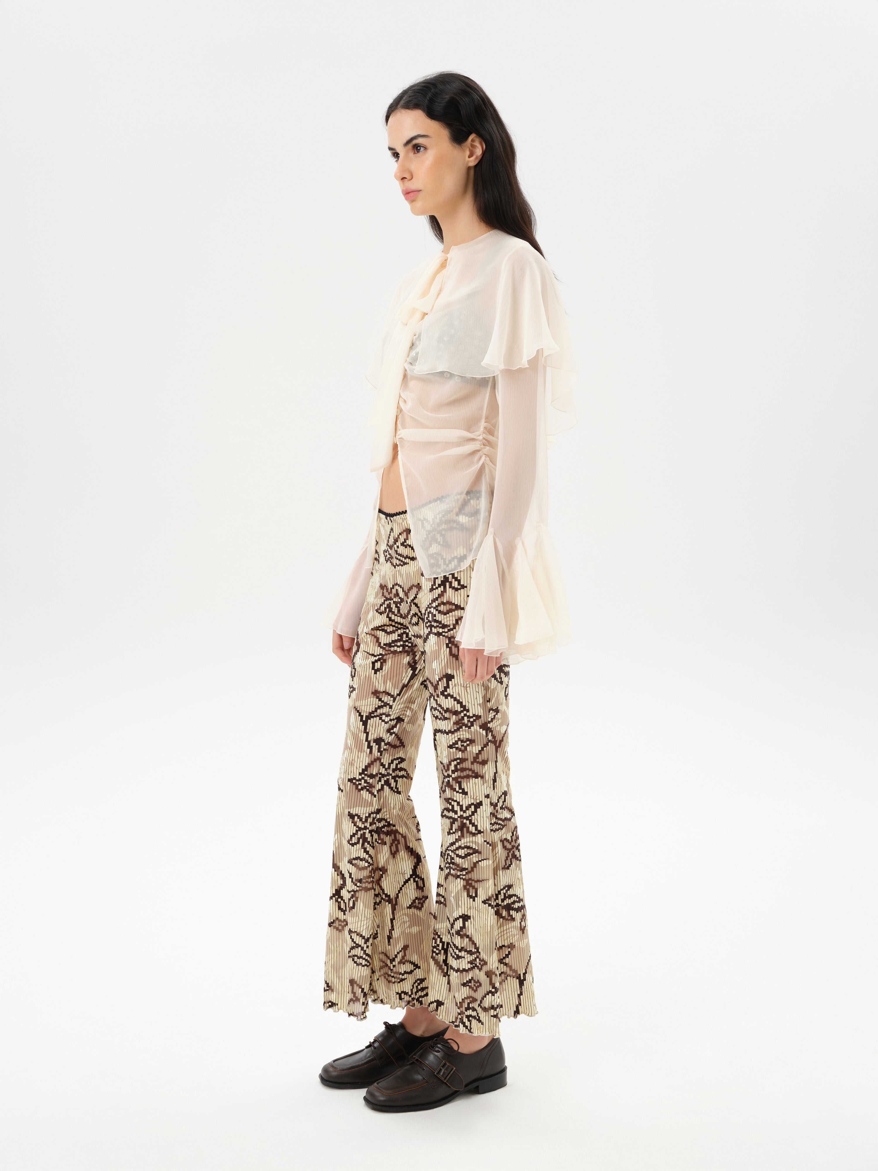 STELLA - Sheer chiffon long-sleeve blouse with  deep V-neck design