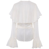 STELLA - Sheer chiffon long-sleeve blouse with  deep V-neck design