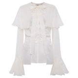 STELLA - Sheer chiffon long-sleeve blouse with  deep V-neck design