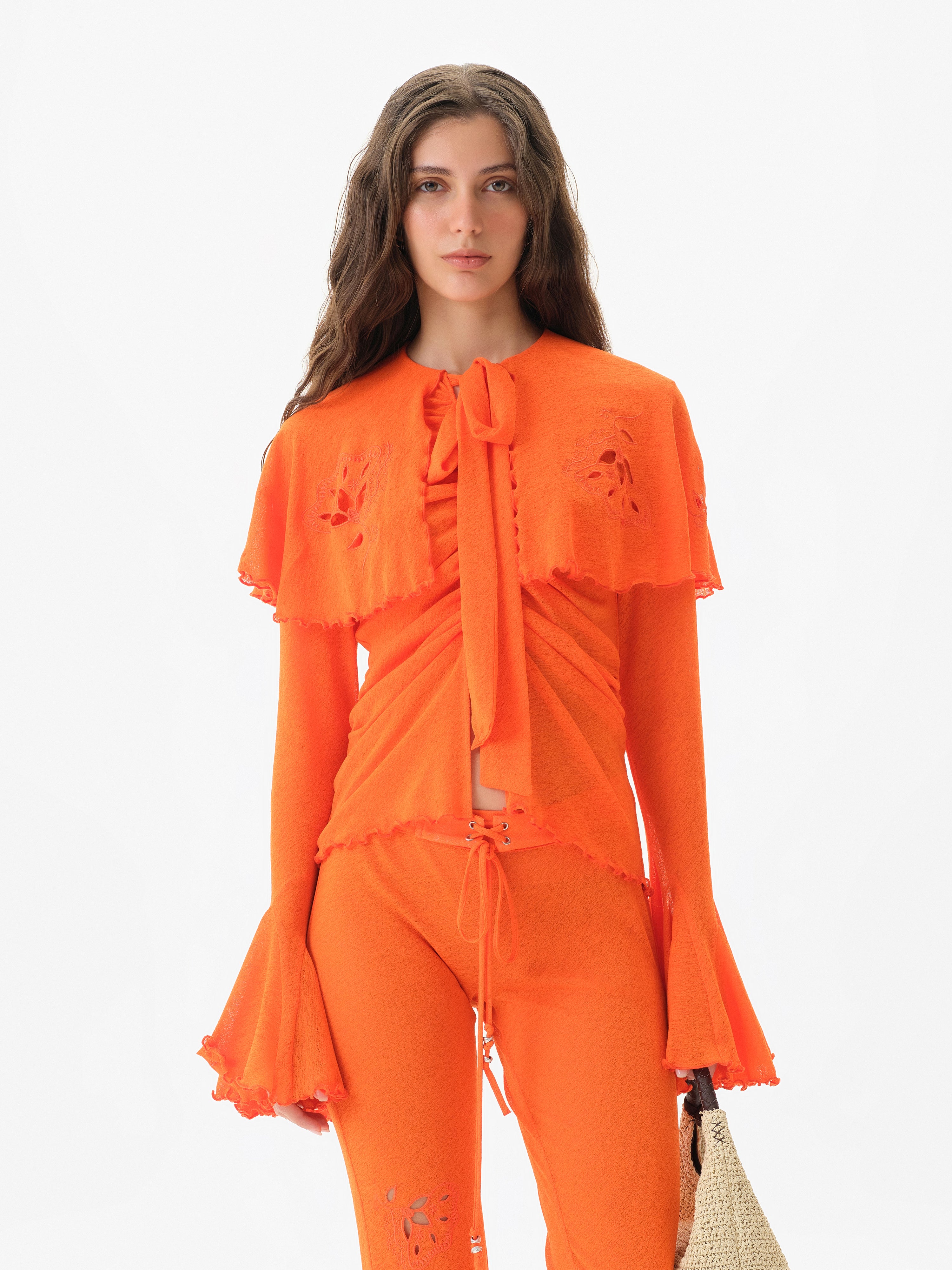 STELLA - Semi-sheer mesh blouse with cape-effect yoke