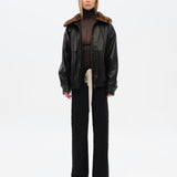 BERNIE - Oversize leather bomber jacket with detachable animal-print shearling collar