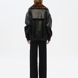 BERNIE - Oversize leather bomber jacket with detachable animal-print shearling collar