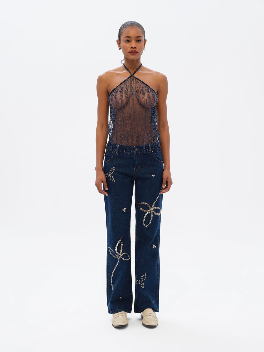 FABIANA - Bead-embellished sheer halterneck top