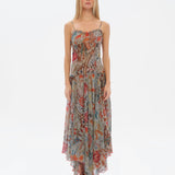 LUCIEN - Floral-print ruffle detailed midi dress with asymmetric hemline