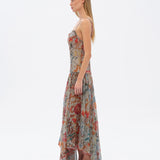 LUCIEN - Floral-print ruffle detailed midi dress with asymmetric hemline