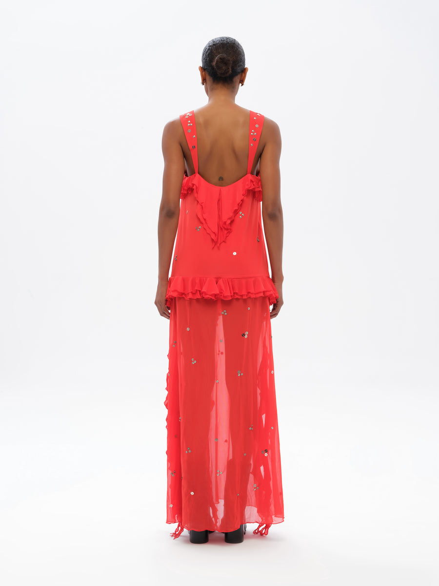 CHILAS - Embellished and ruffled midi dress with front slit