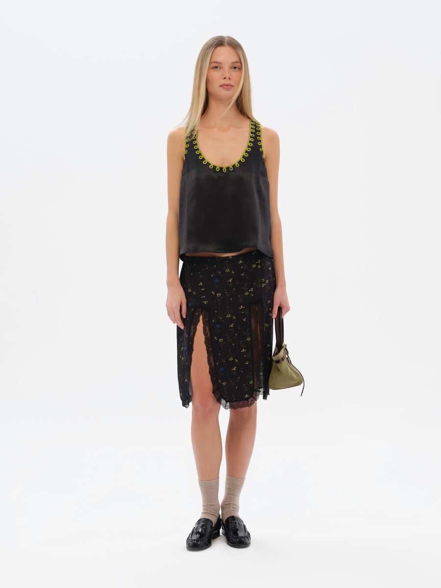 KAEN - Floral-print lace trimmed skirt with front slits