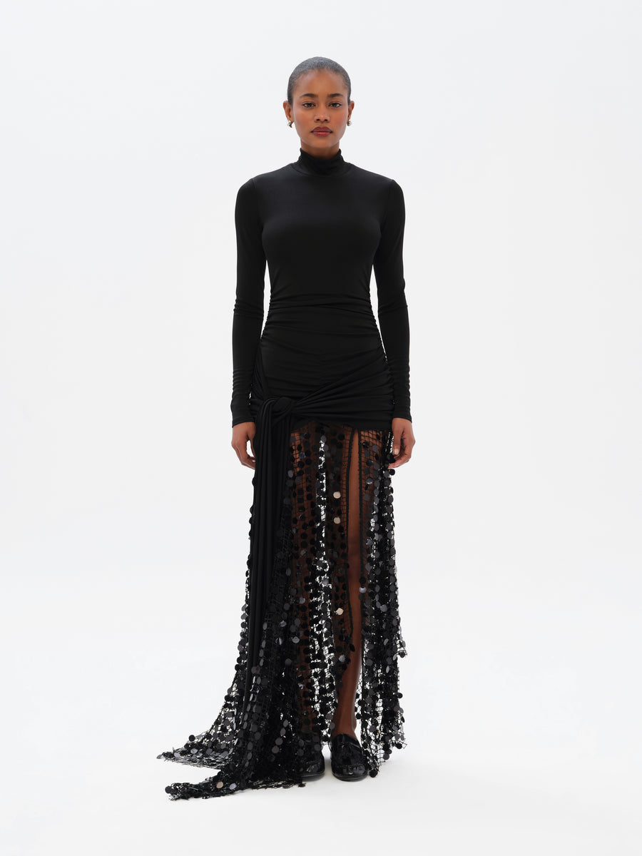 BERN - Tie-front mock neck sequined maxi dress