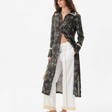 ALINDA - Floral print shirt style linen midi dress with contrast fringe trim
