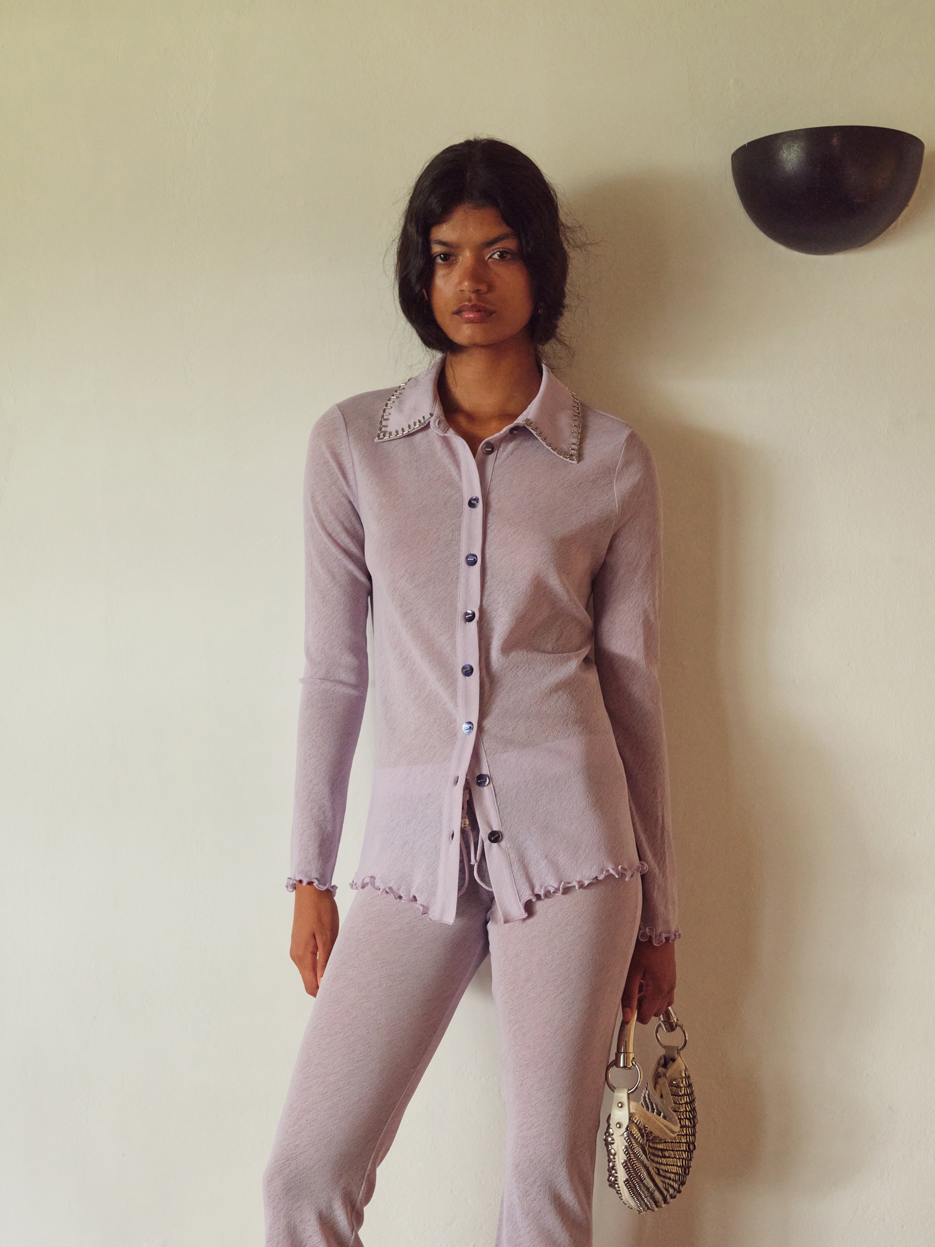 TINA - Embellished long-sleeved semi sheer mesh shirt