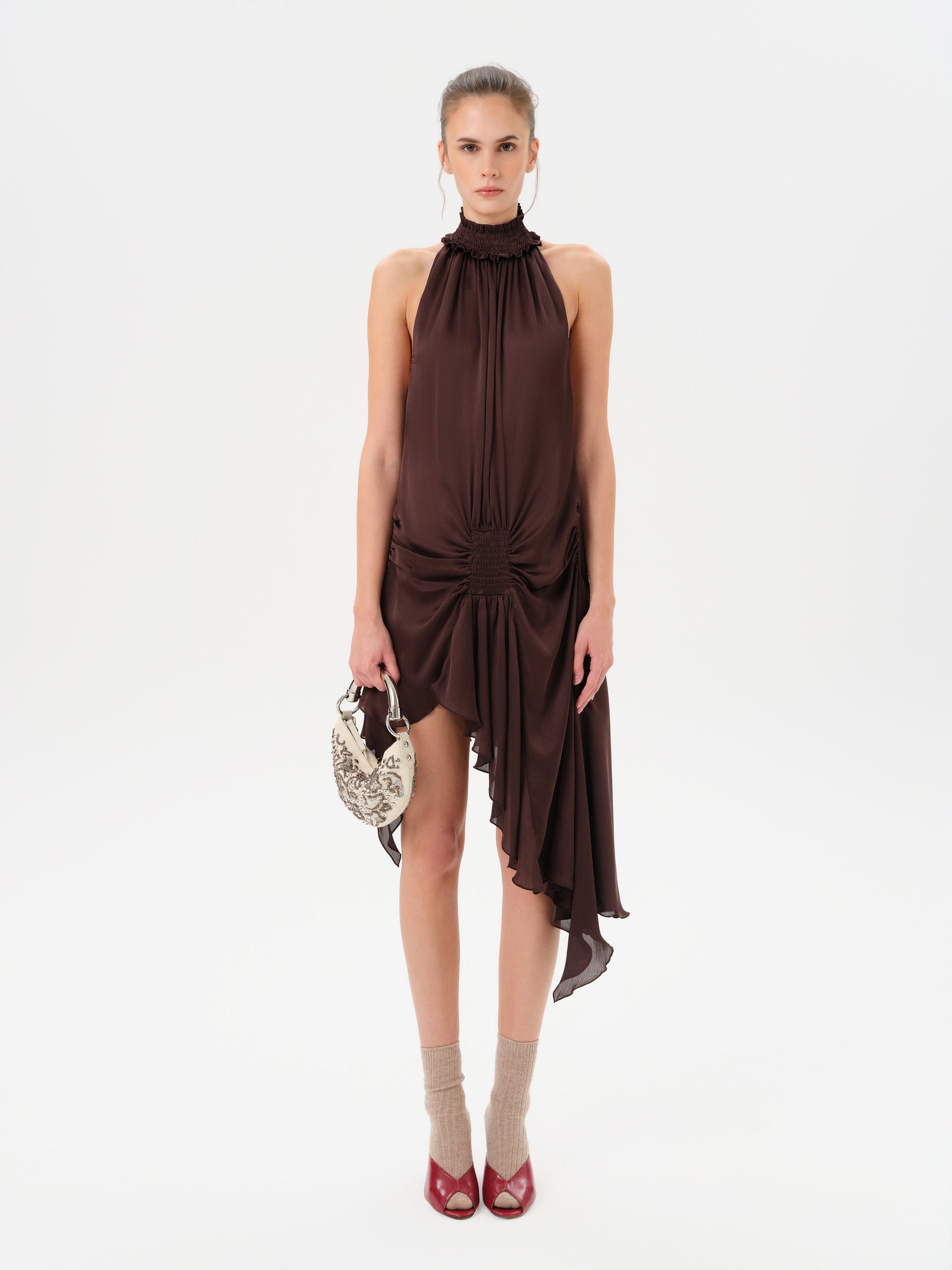 TONI - Satin halter-neck mini dress - Brown XL