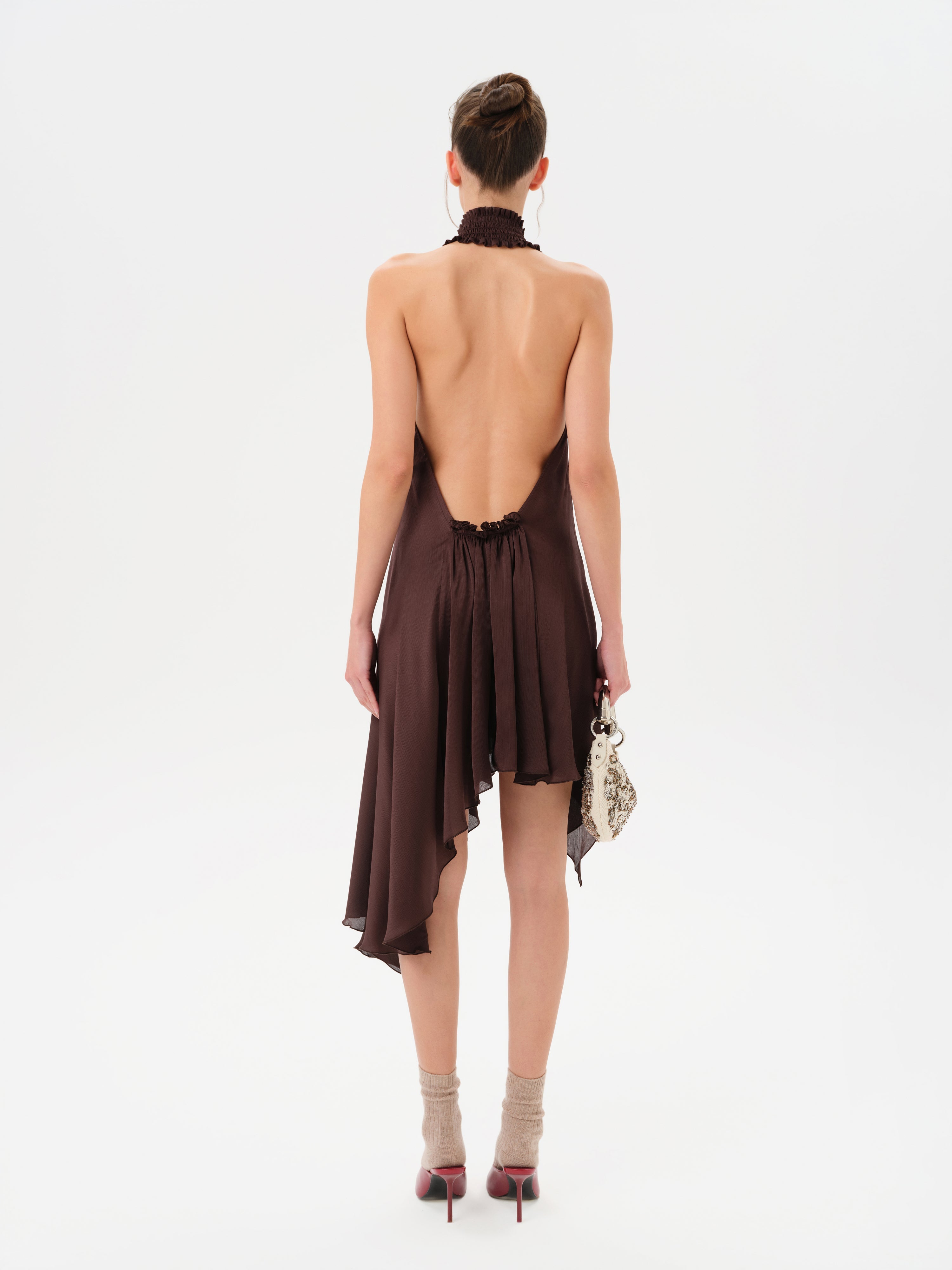 Toni - Satin Halter-Neck Mini Dress - Brown XL Toni - Satin Halter-Neck Mini Dress - Brown XL