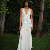 VICKA - Satin maxi dress with multicolored bead embroidery