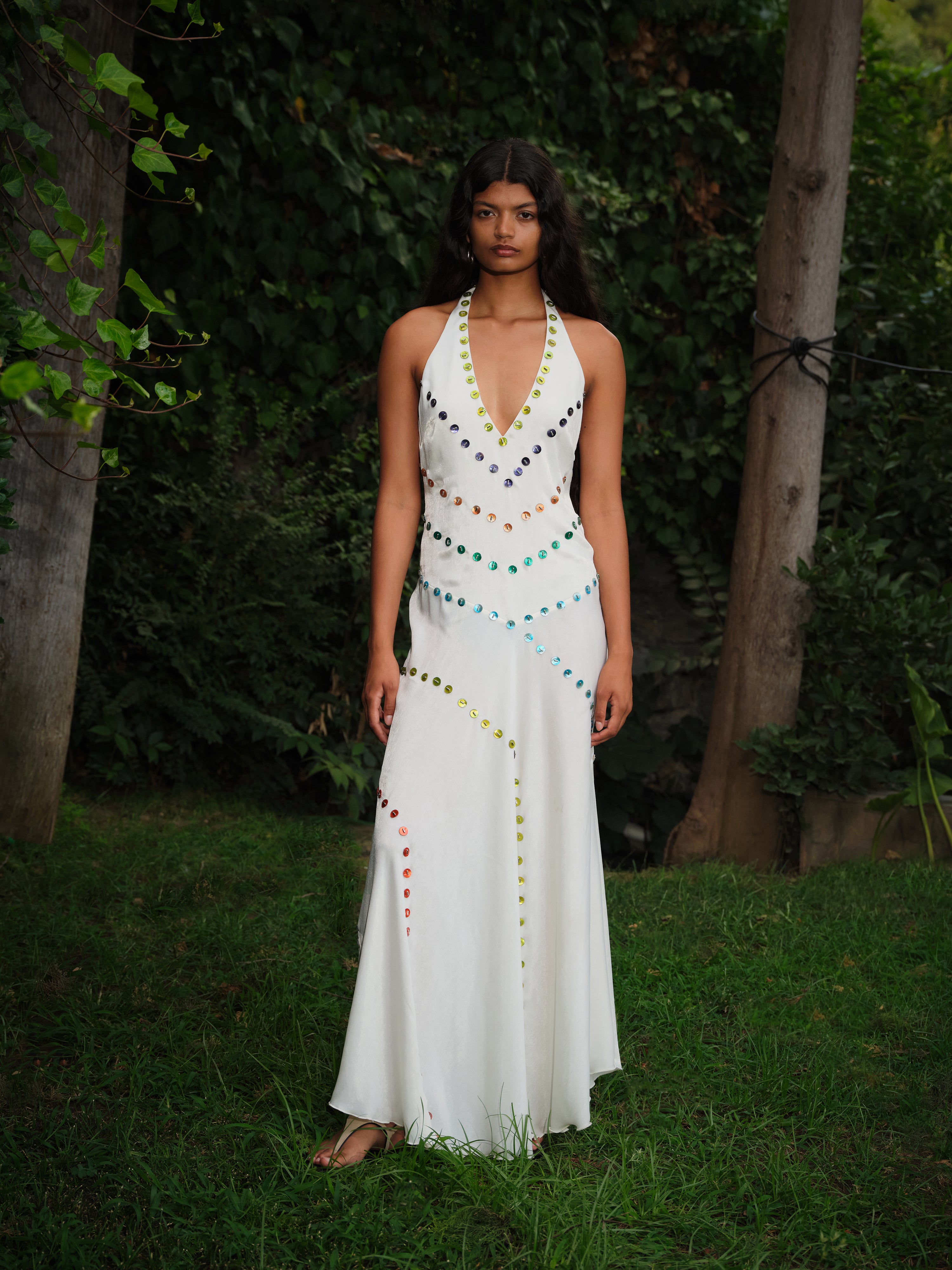 VICKA - Satin maxi dress with multicolored bead embroidery