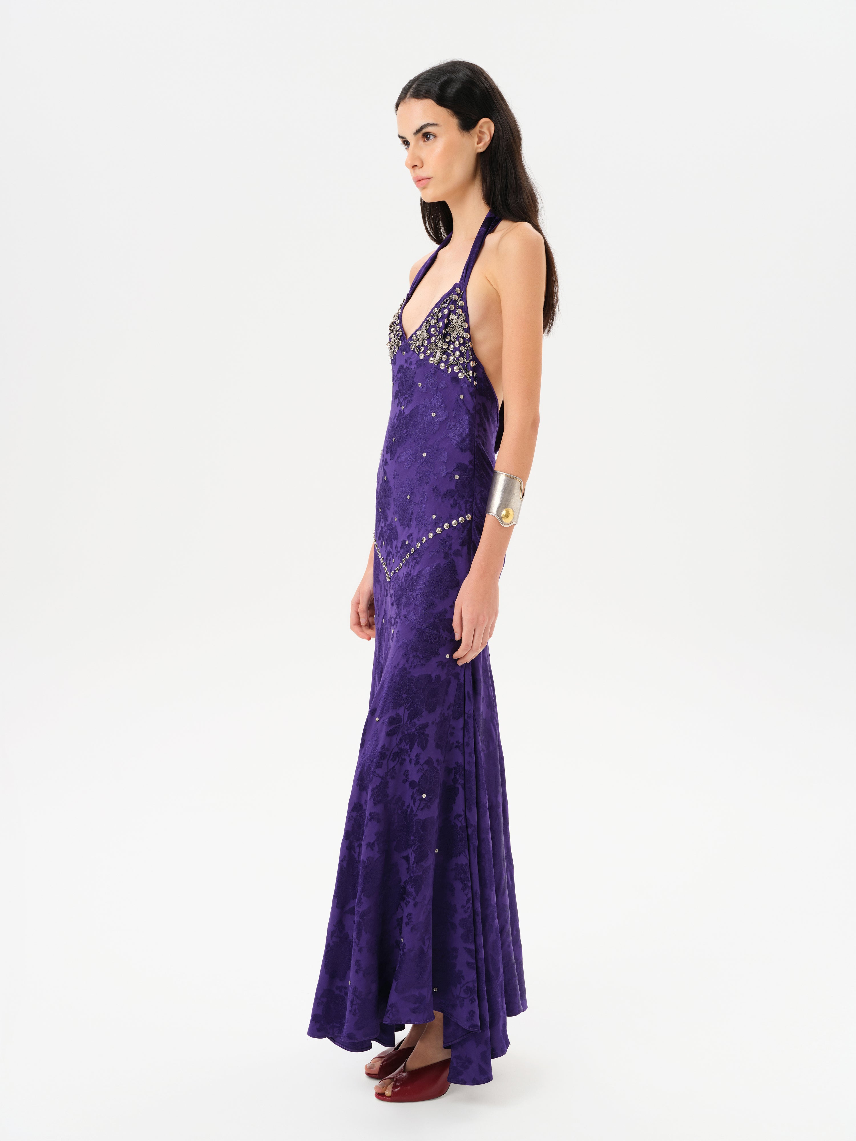 VICKA - Open-back embellished satin maxi dress