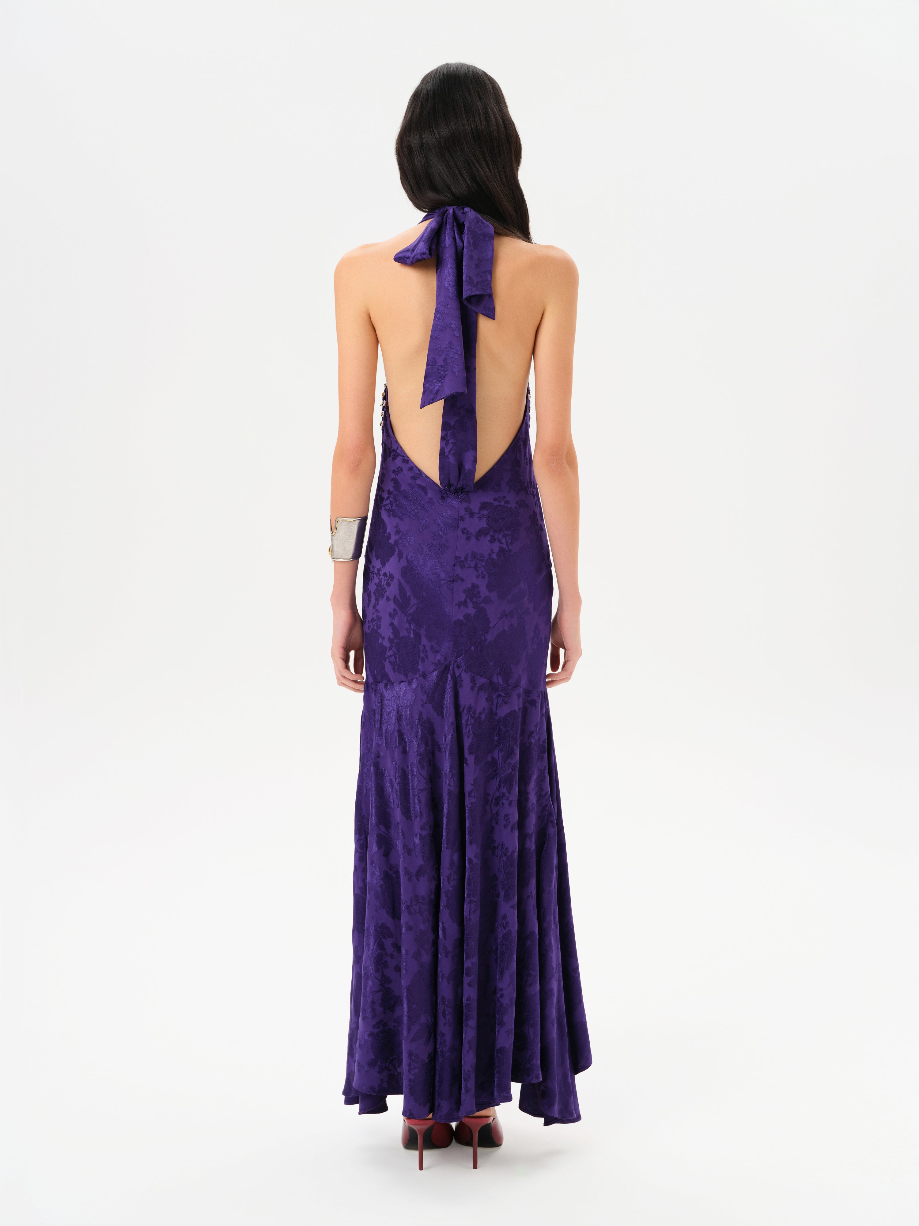 VICKA - Open-back embellished satin maxi dress