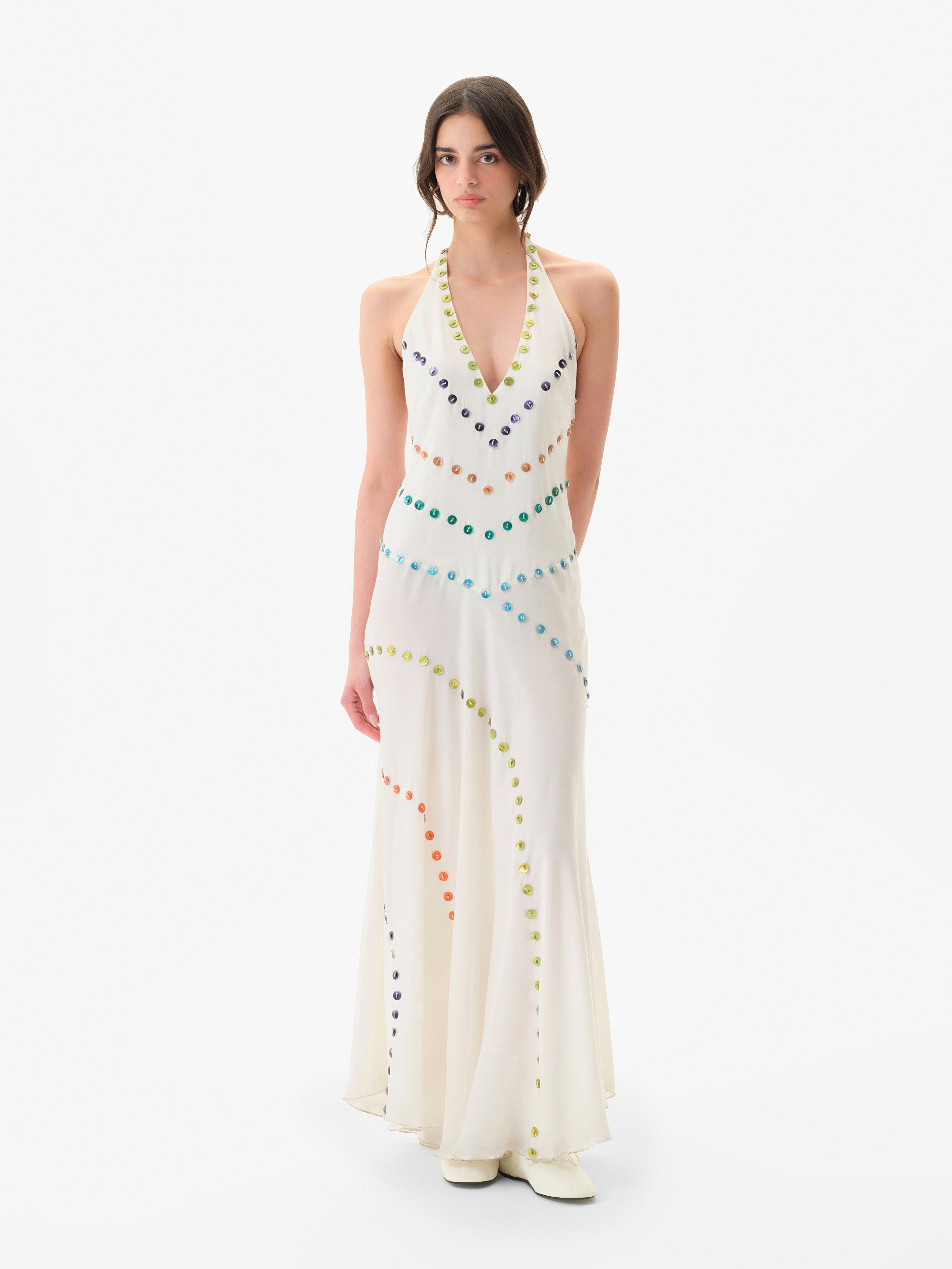 VICKA - Satin maxi dress with multicolored bead embroidery by SIEDRÉS
