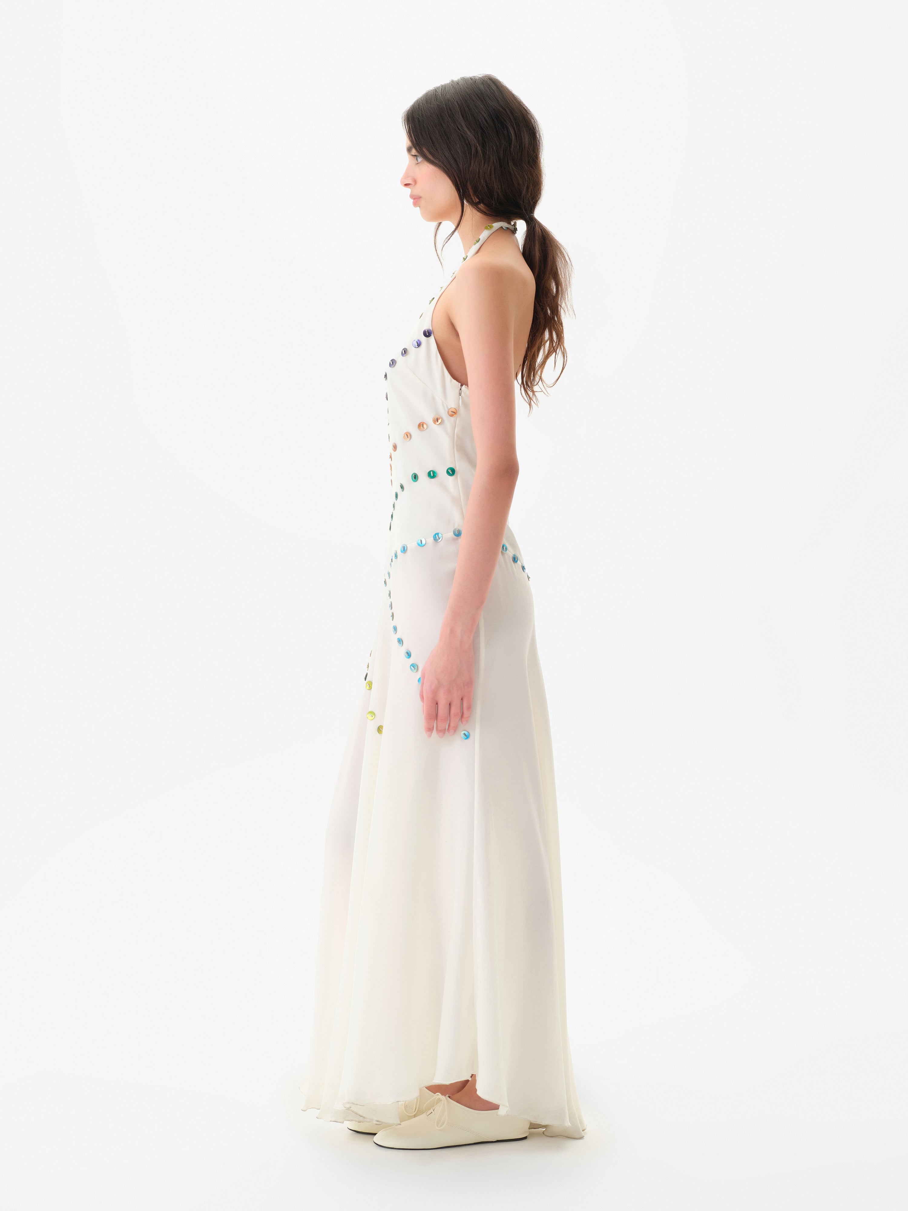 VICKA - Satin maxi dress with multicolored bead embroidery - Ecru 34