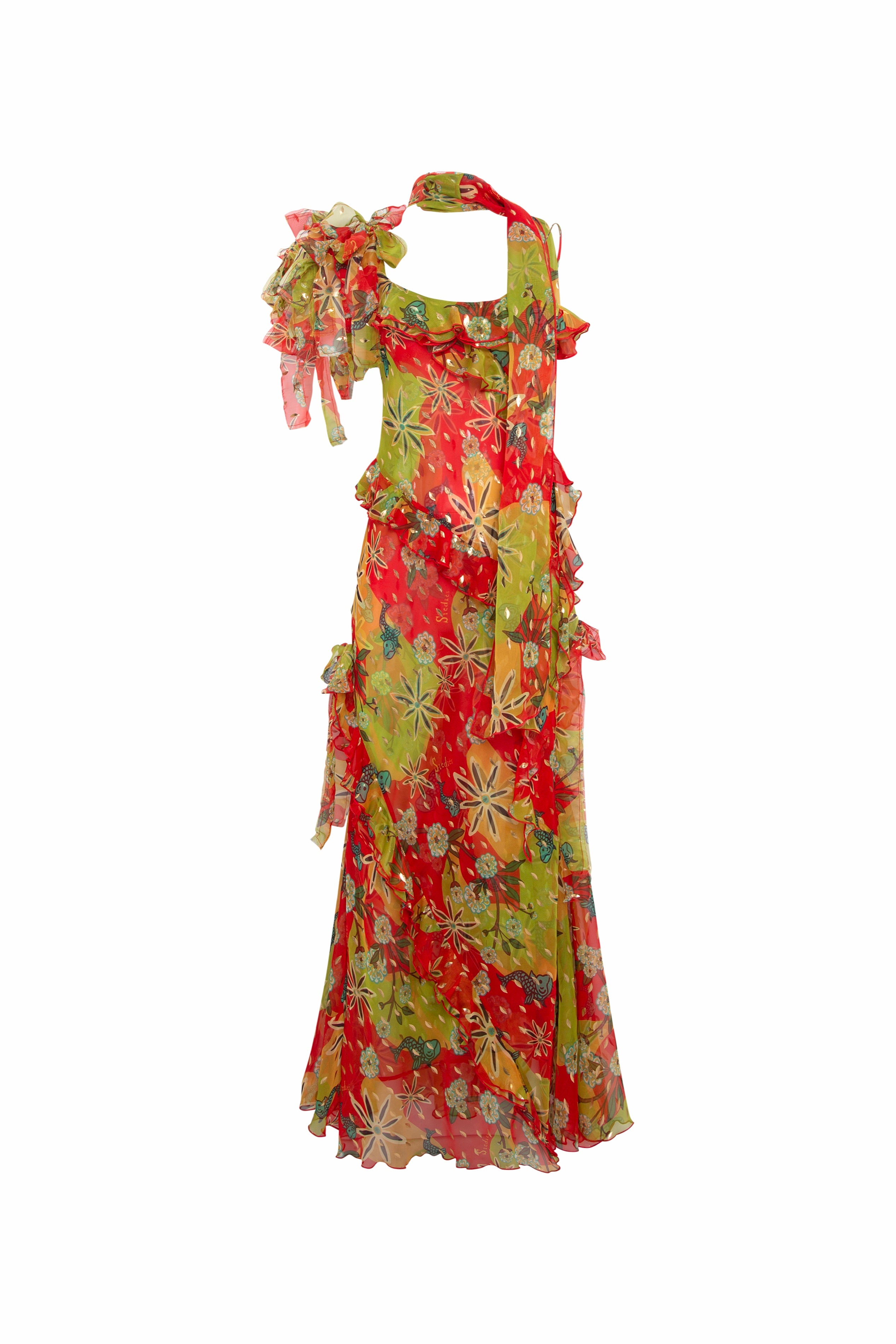 MONICA - Ruffled  chiffon maxi dress with scarf detail