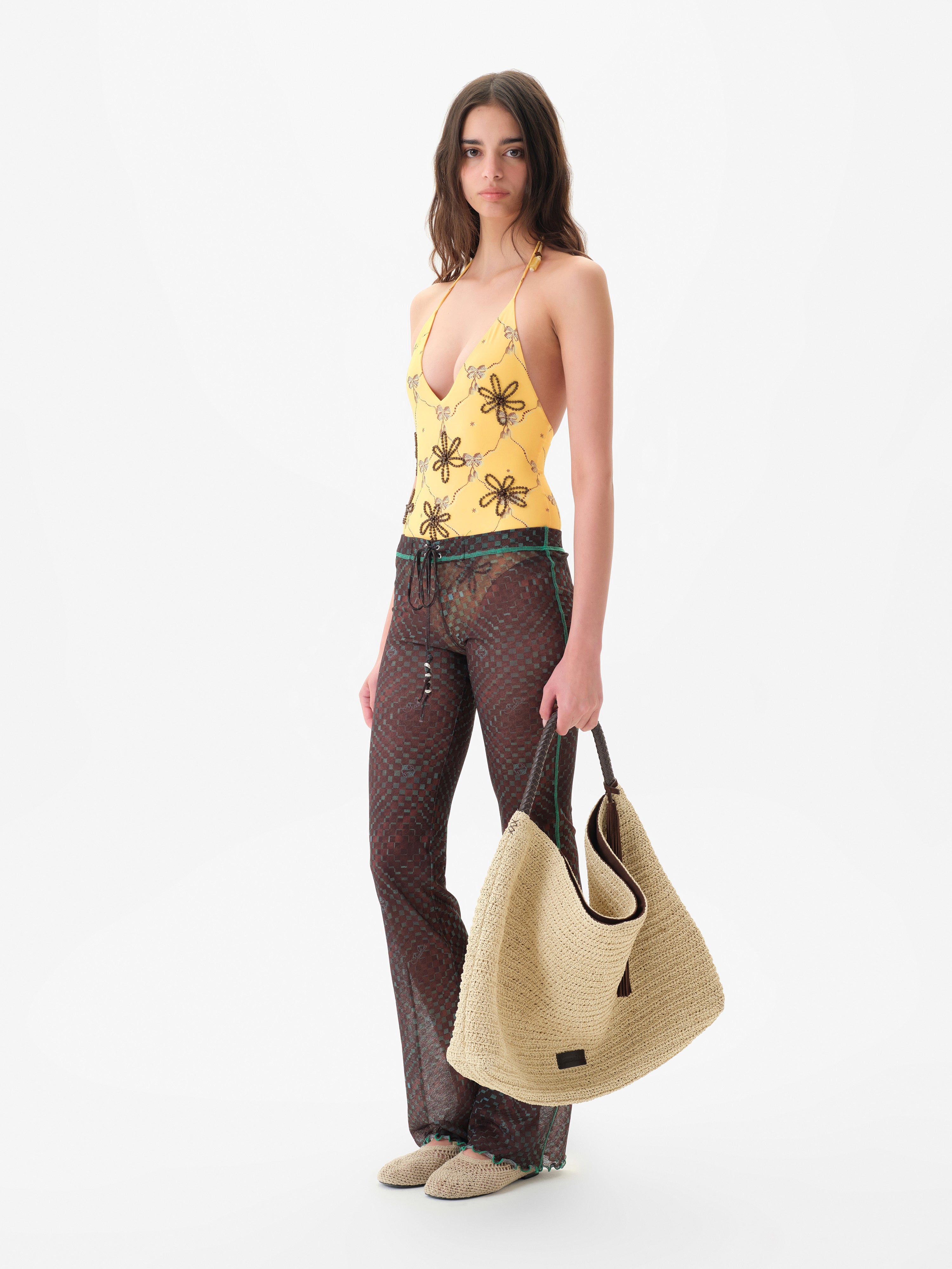 FLO - Semi sheer checkerboard print  full length pants with drawcord