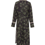 ALINDA - Floral print shirt style linen midi dress with contrast fringe trim
