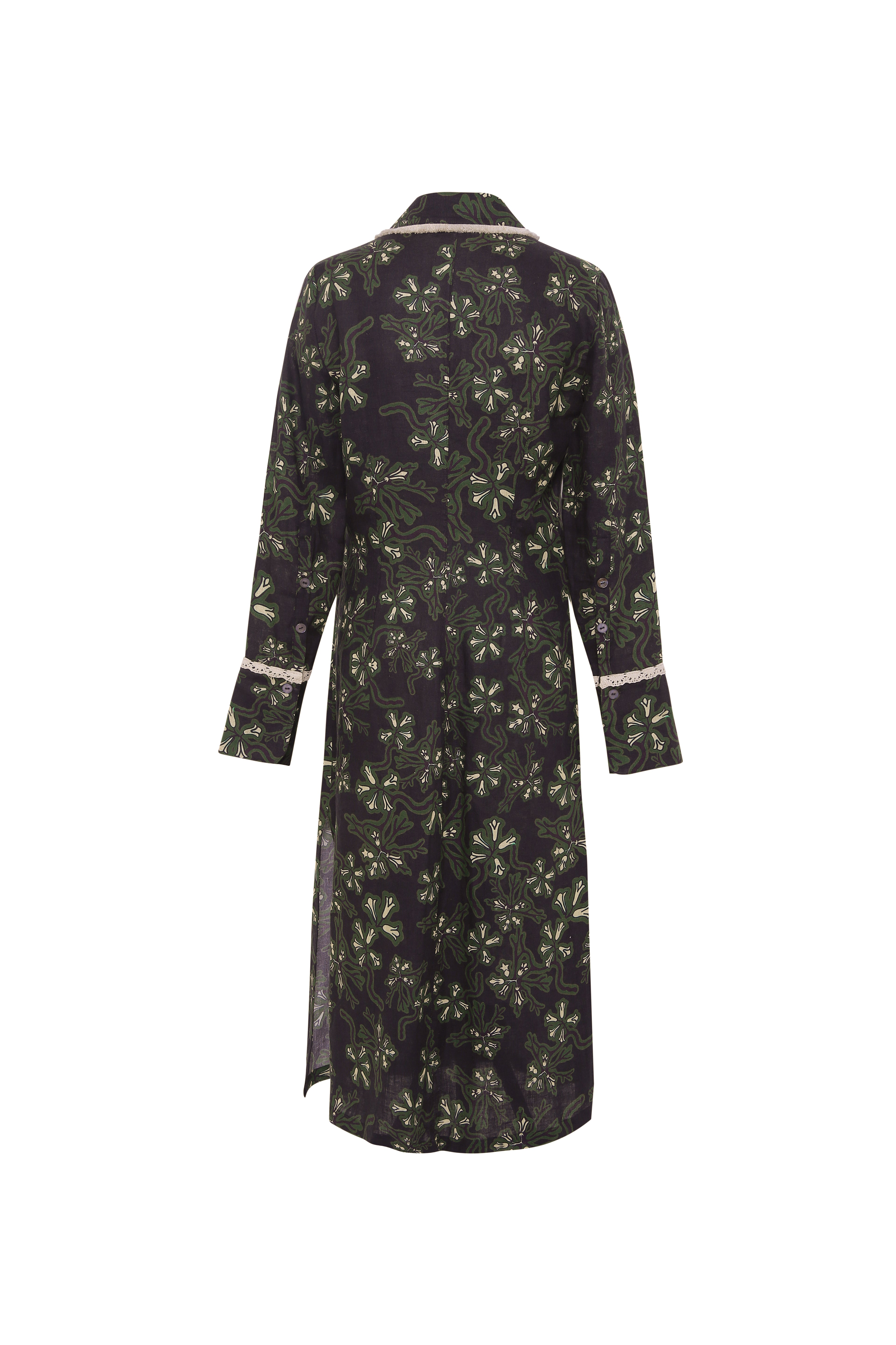 ALINDA - Floral print shirt style linen midi dress with contrast fringe trim