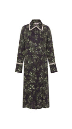 ALINDA - Floral print shirt style linen midi dress with contrast fringe trim