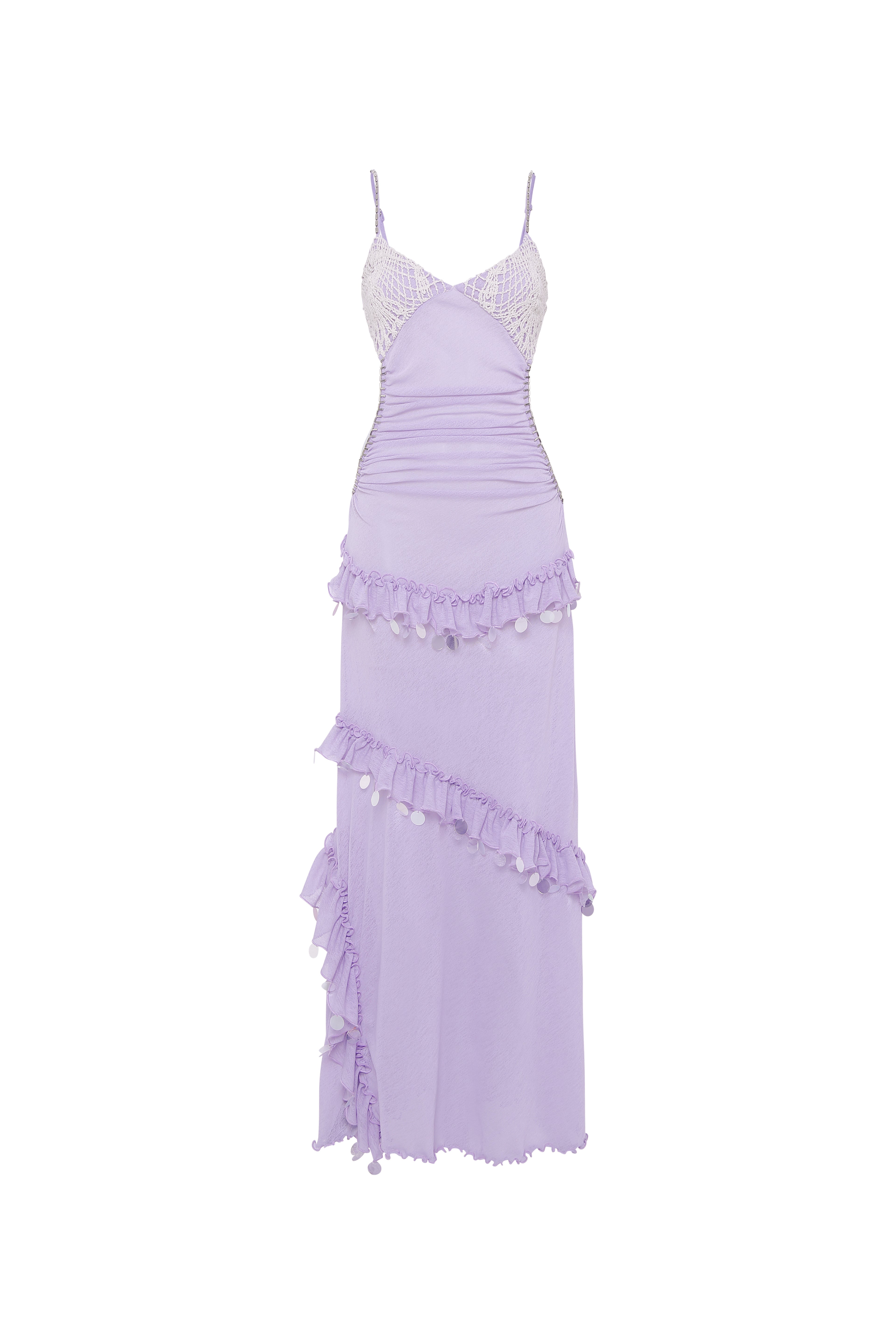 SIGNE - Crochet bust detailed embellished sheer mesh dress