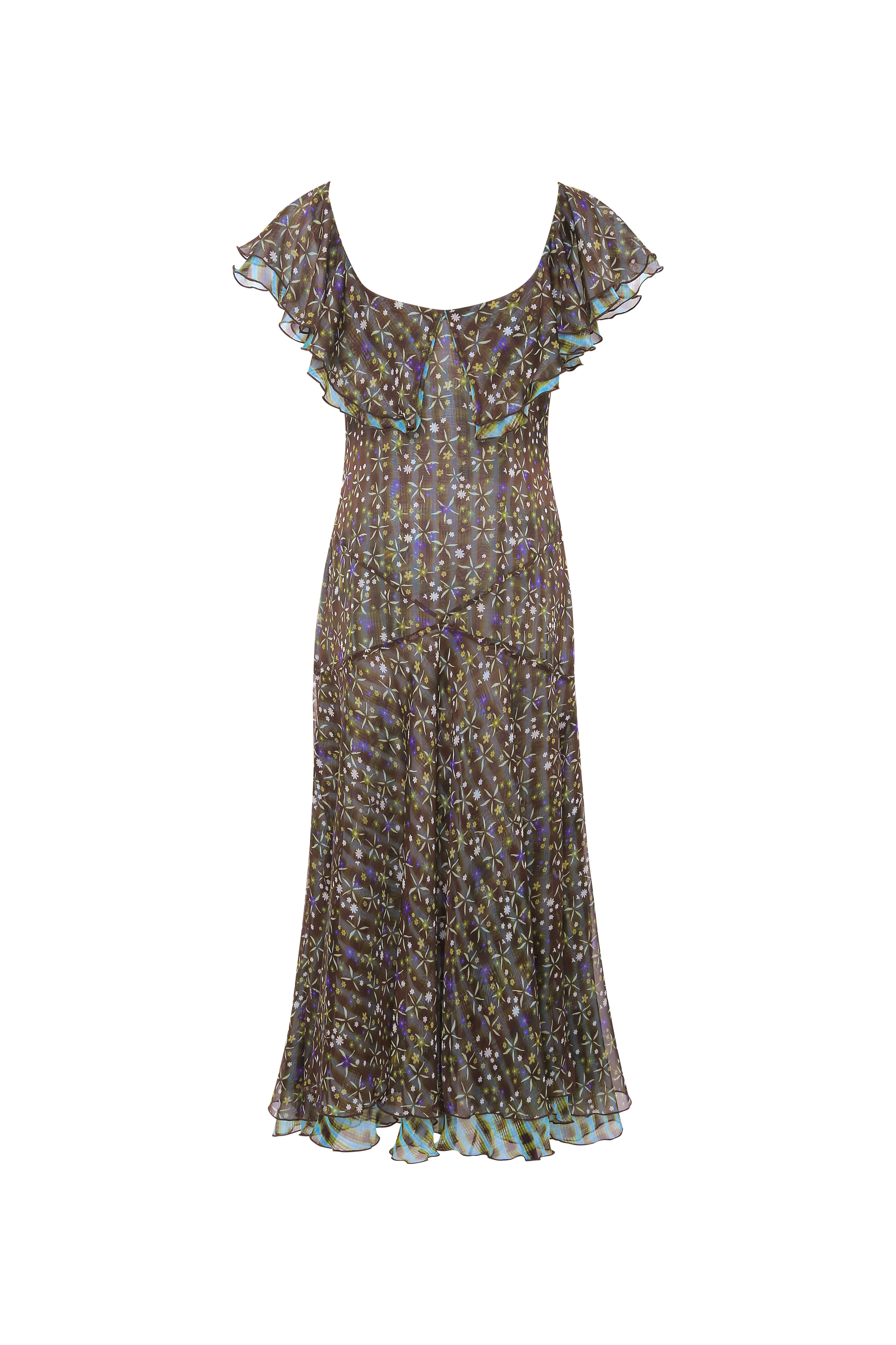 CAENES - Printed chiffon dress with ruffled neckline