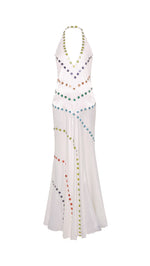 VICKA - Satin maxi dress with multicolored bead embroidery